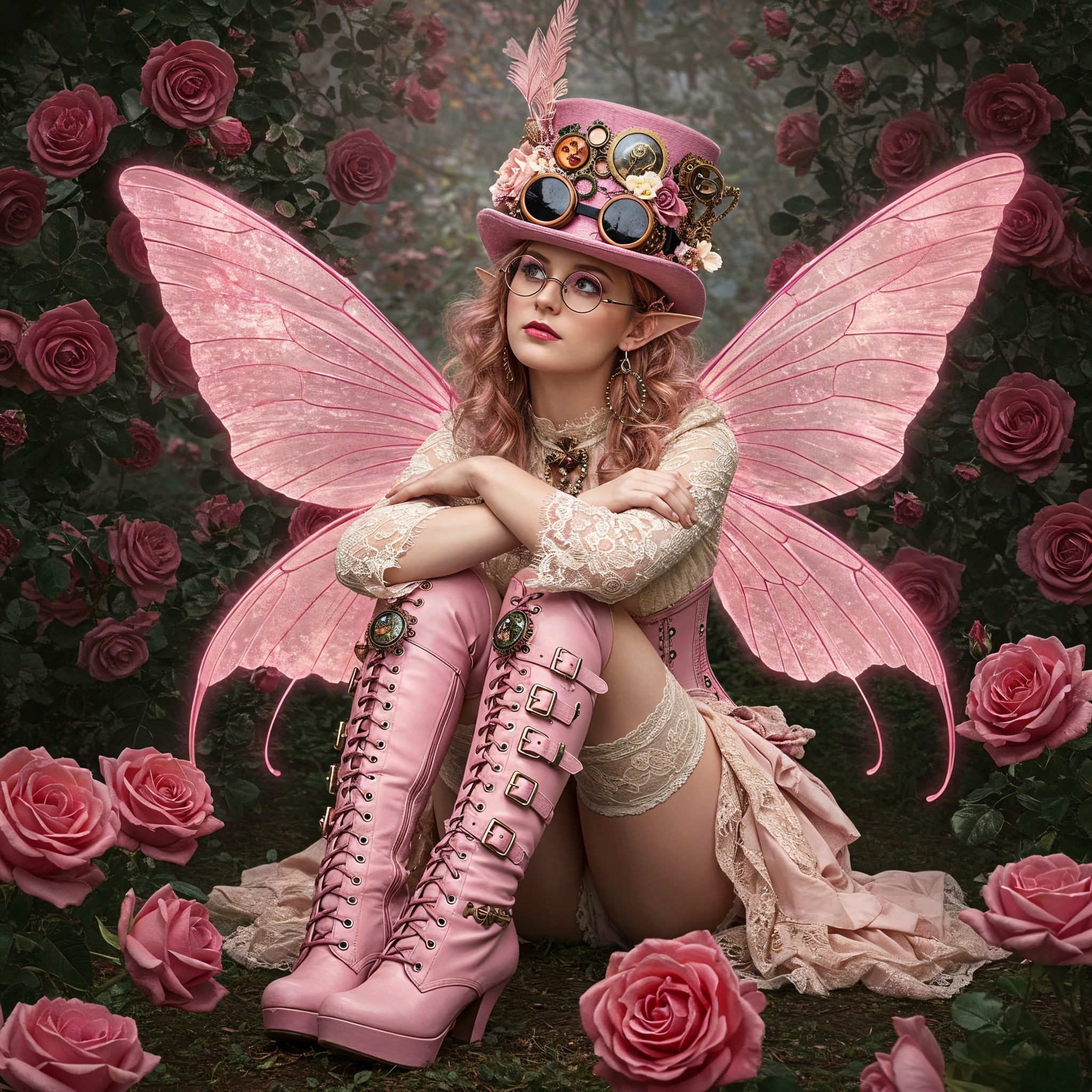Whimsical fairy in steampunk attire among roses
