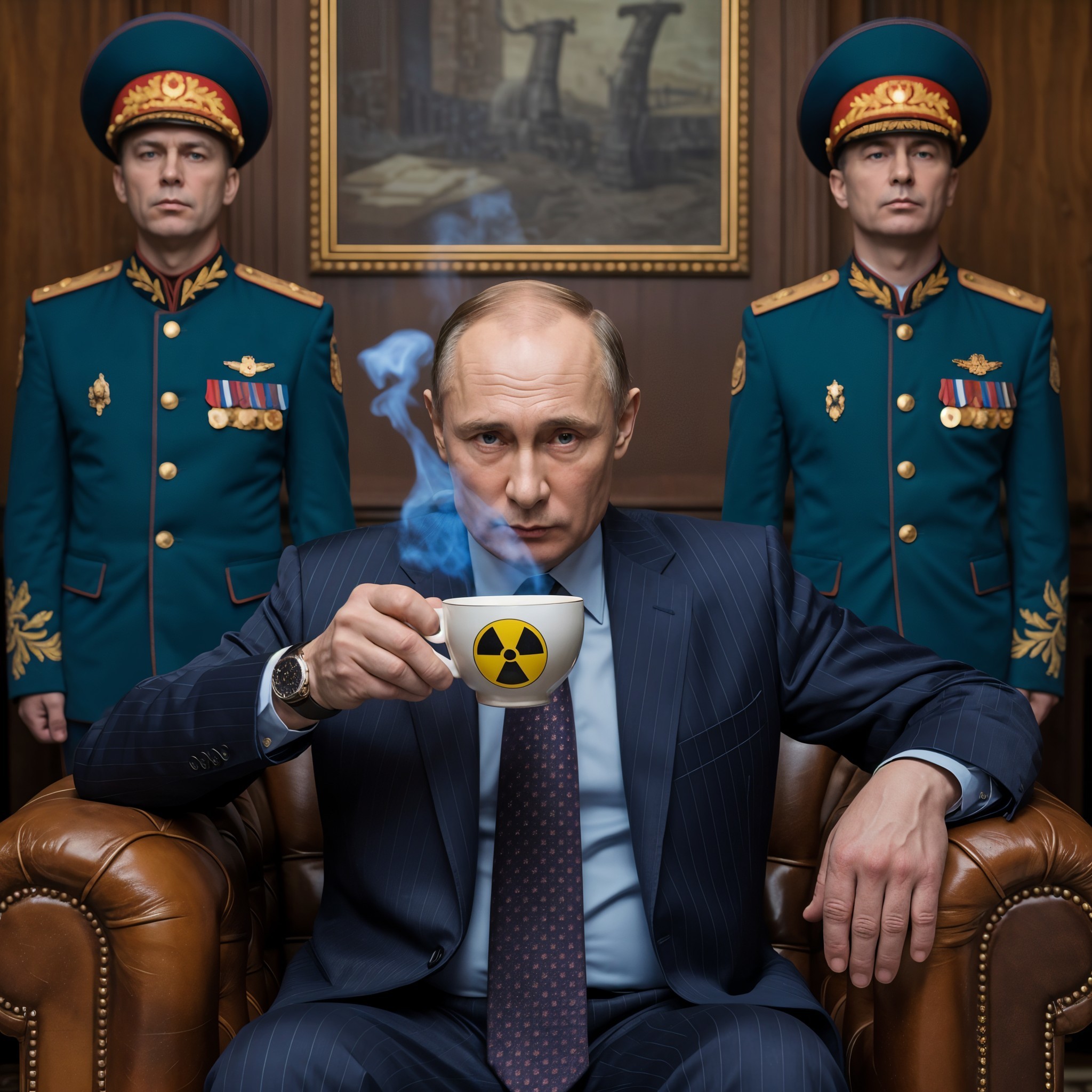 Stern Man in Suit with Military Officers in Office