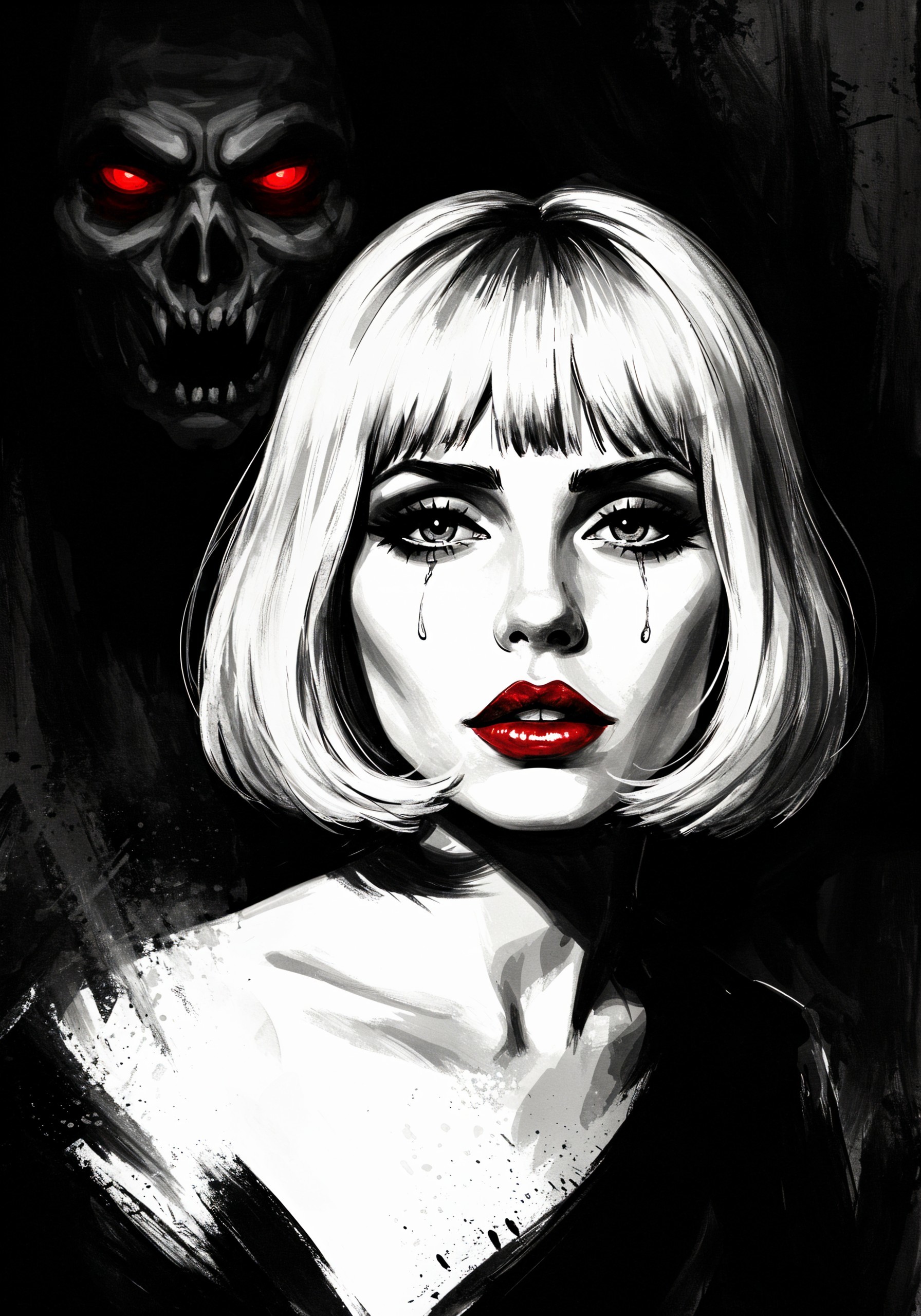 Black and White Illustration of Woman with Skull Presence