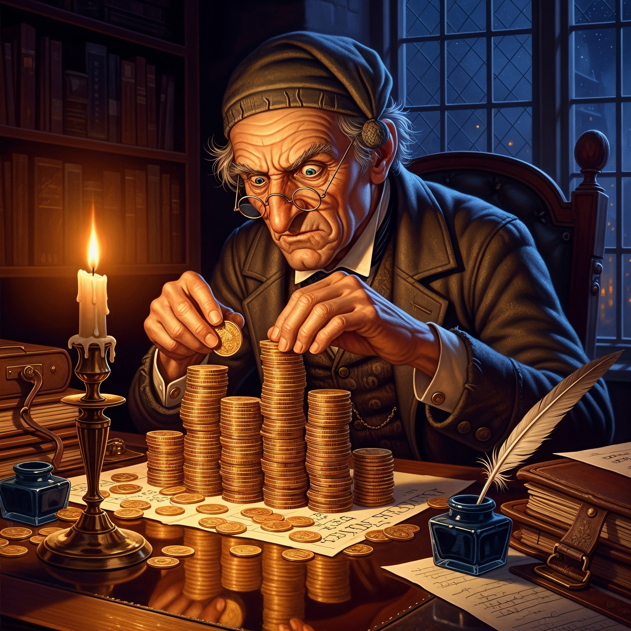 Oil Painting of an Old Man Stacking Gold Coins