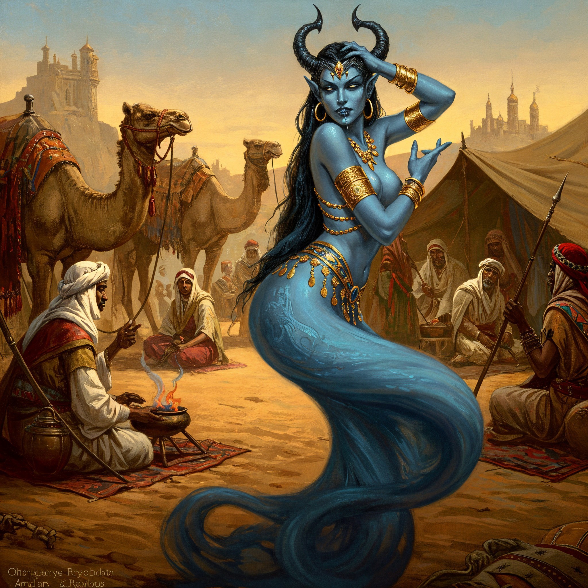 Vibrant Desert Scene with a Mystical Blue Djinn