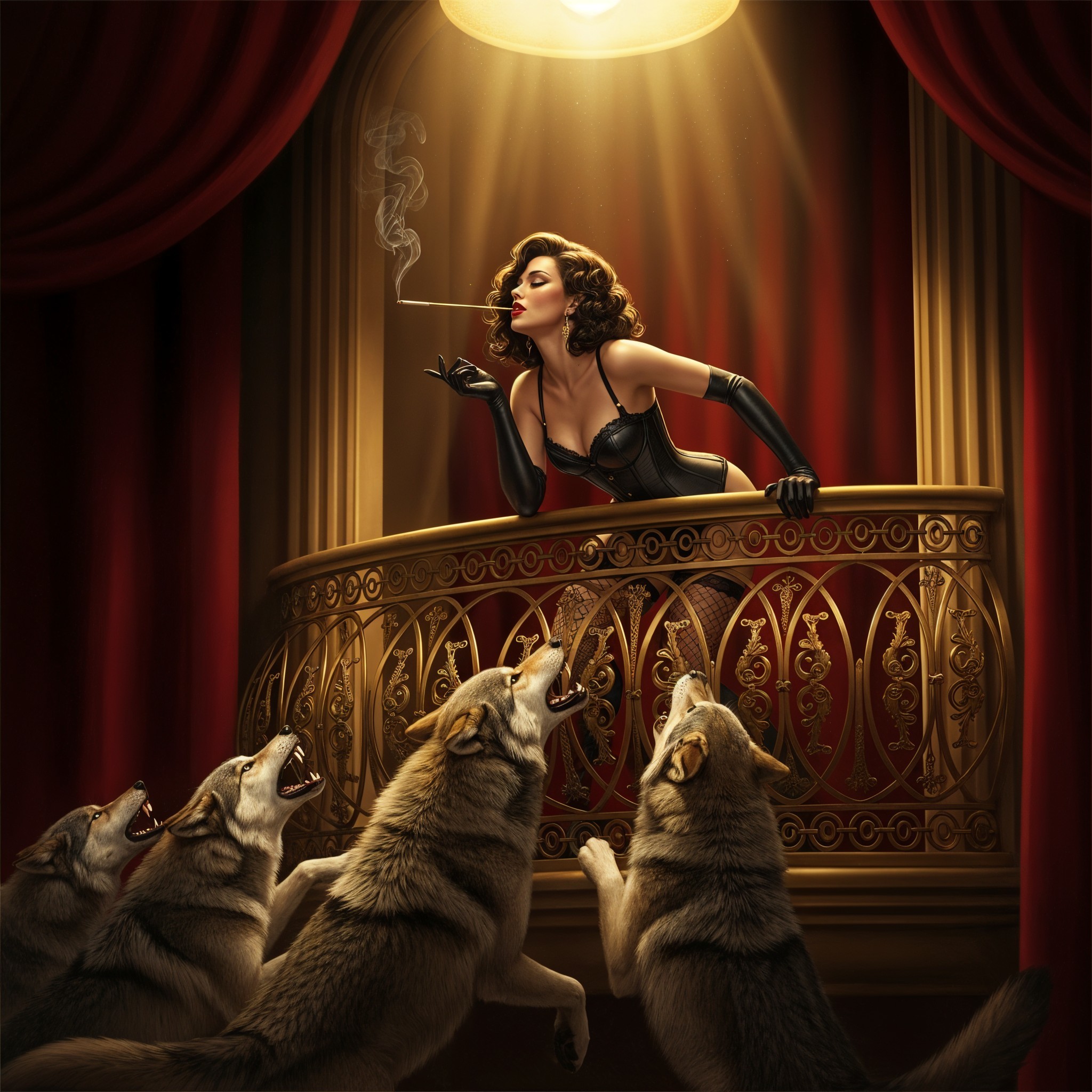 Glamorous Woman in Corset Overlooks Howling Wolves