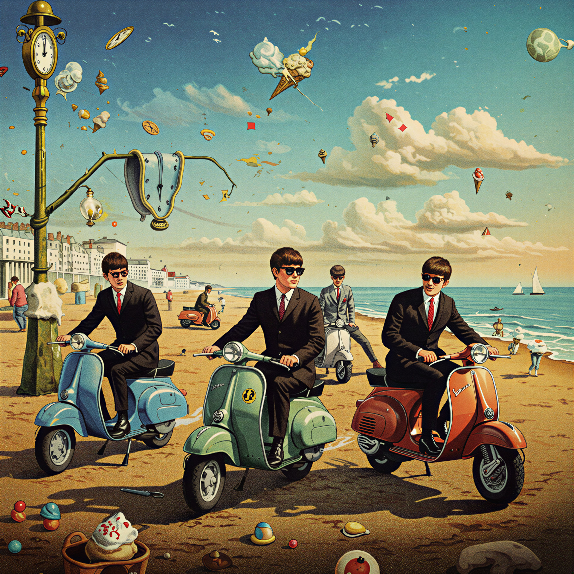 Whimsical Beach Scene with Colorful Scooters and Figures