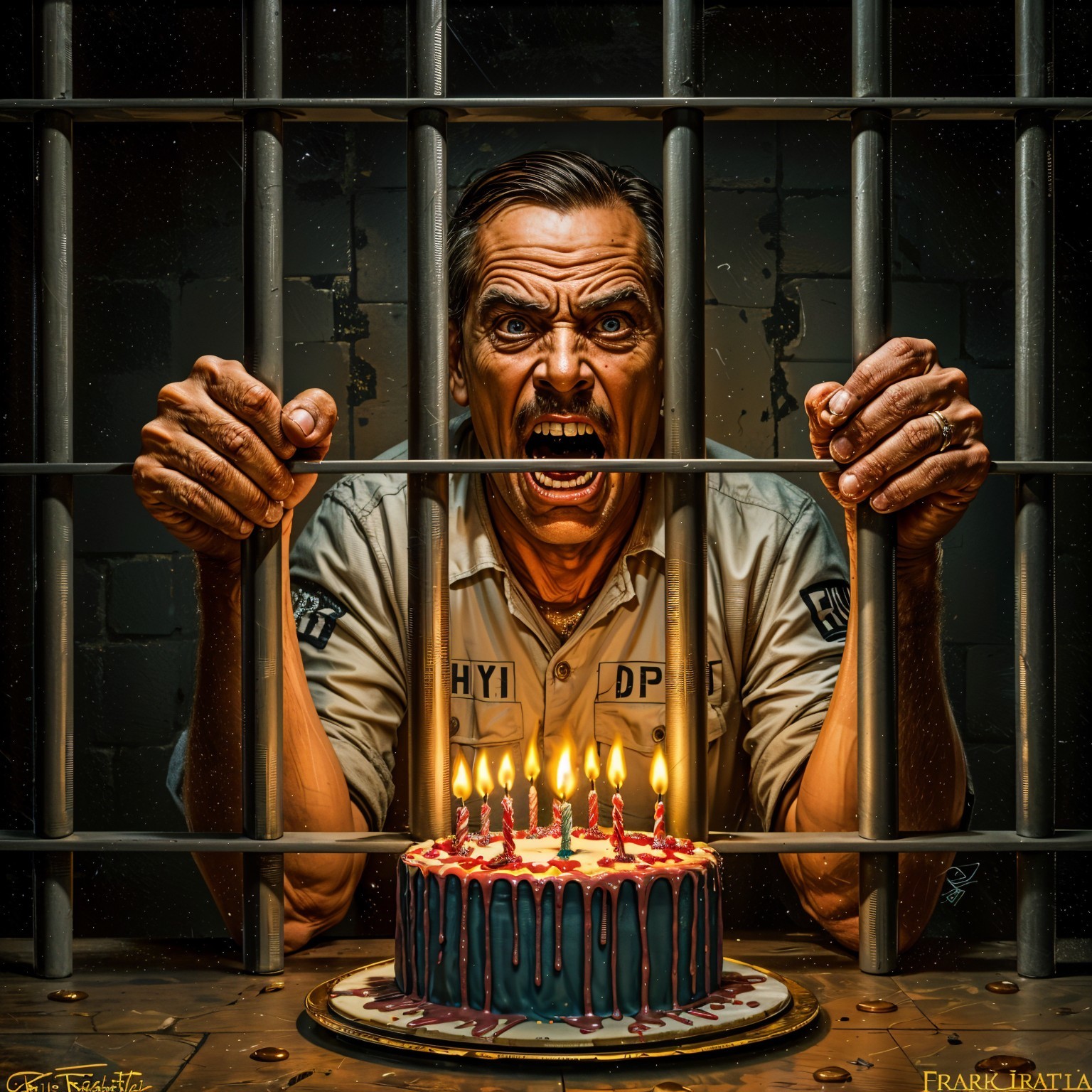 Prison Cell Scene with Man and Birthday Cake