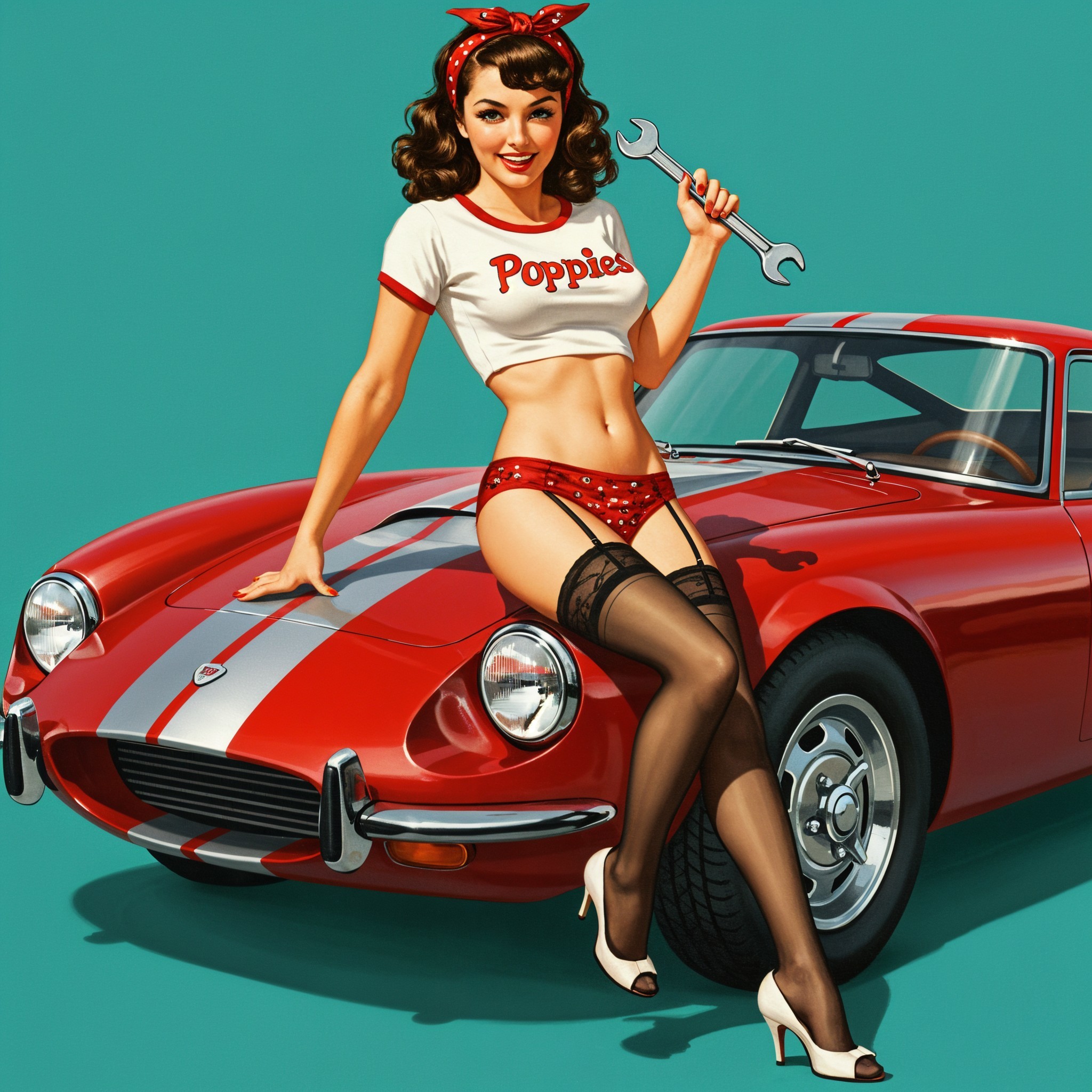 Vibrant Illustration of Pin-Up Girl on Red Sports Car