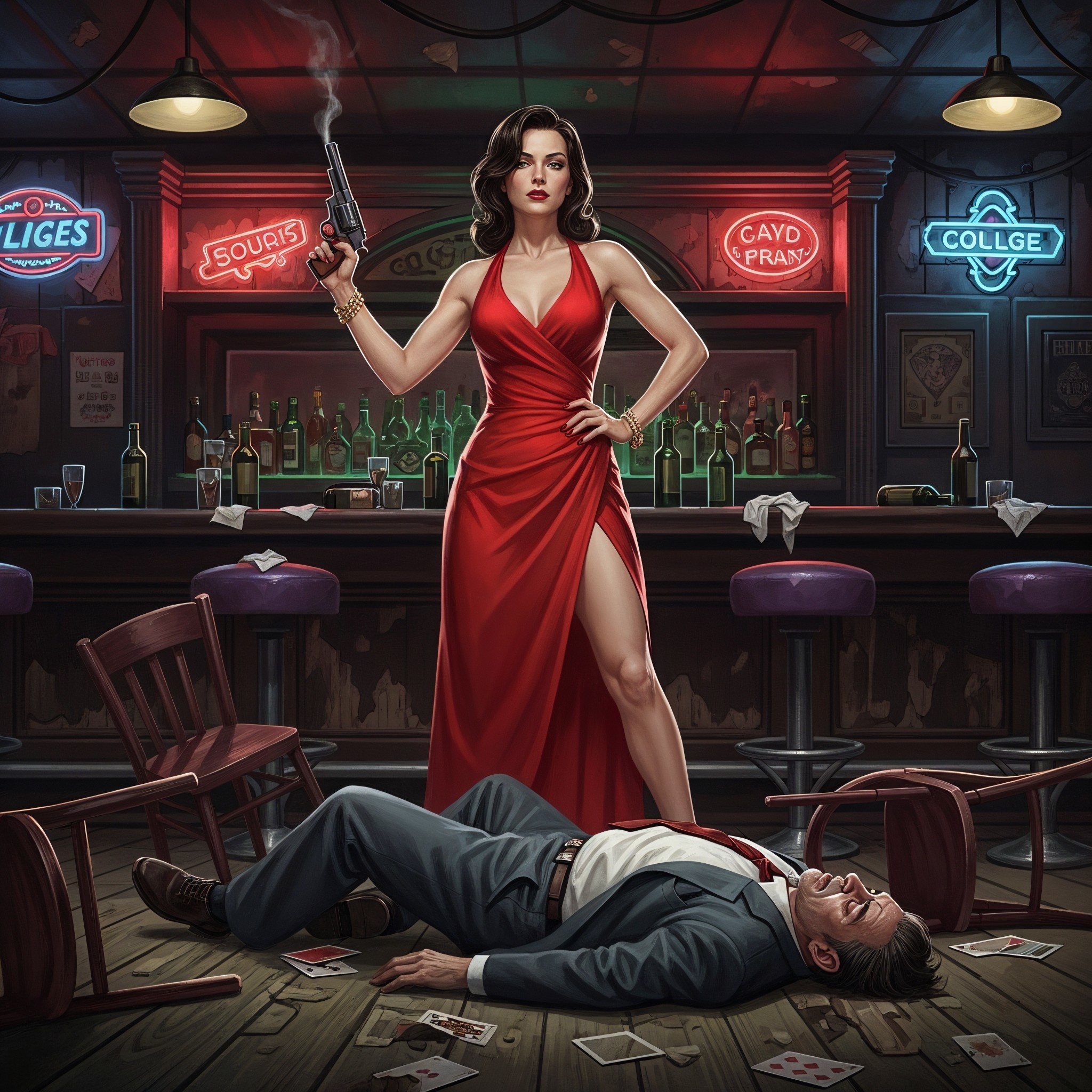 Glamorous Woman in Red Dress at Dim Bar Scene