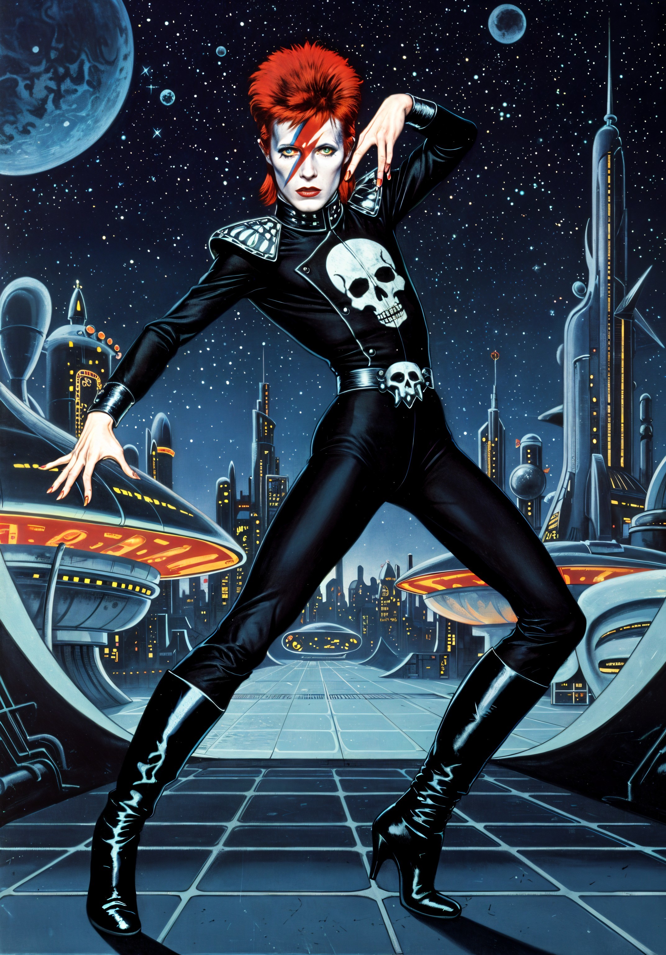 Vibrant sci-fi illustration of a bold character in black