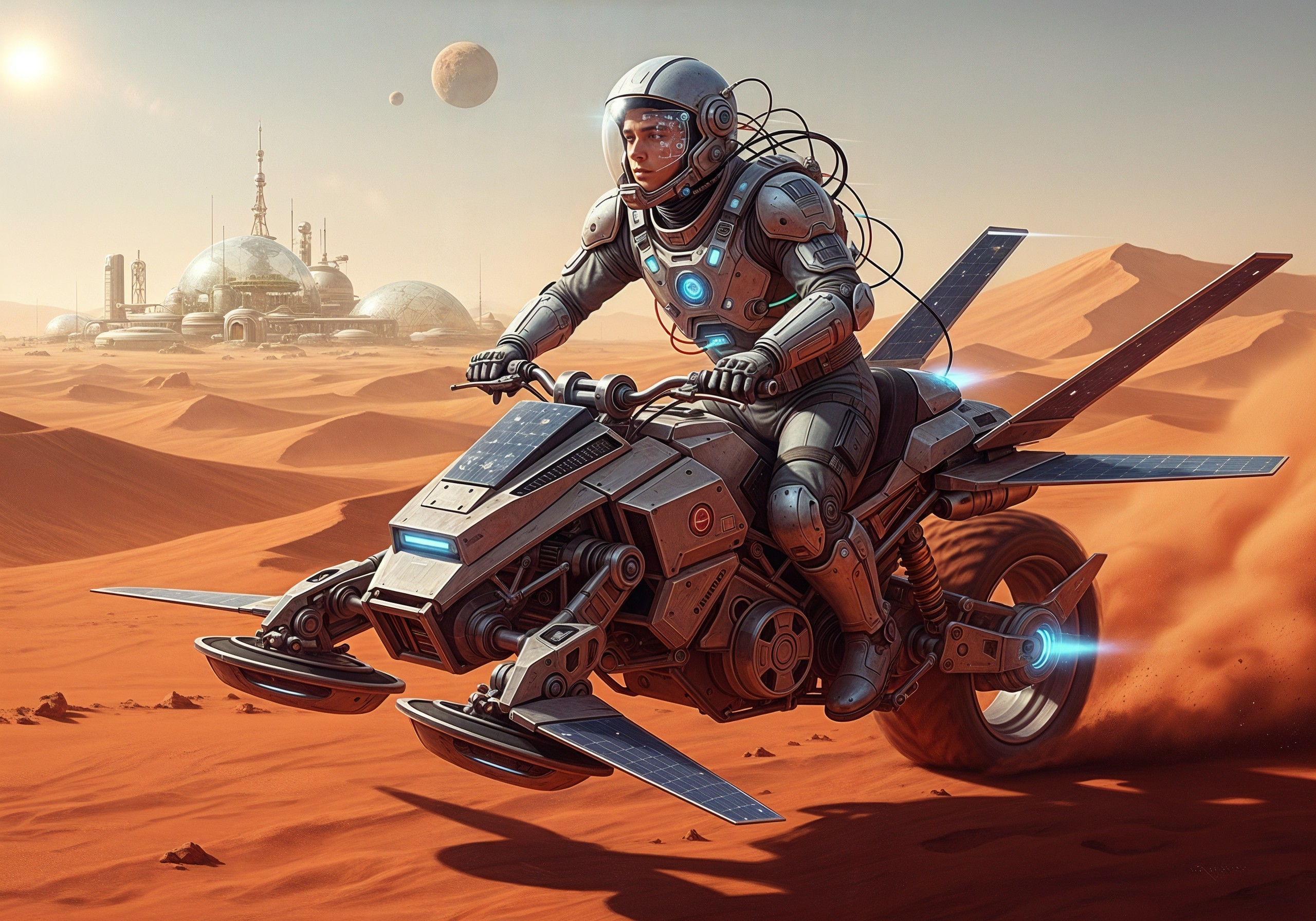 Futuristic Astronaut on High-Tech Hoverbike in Desert