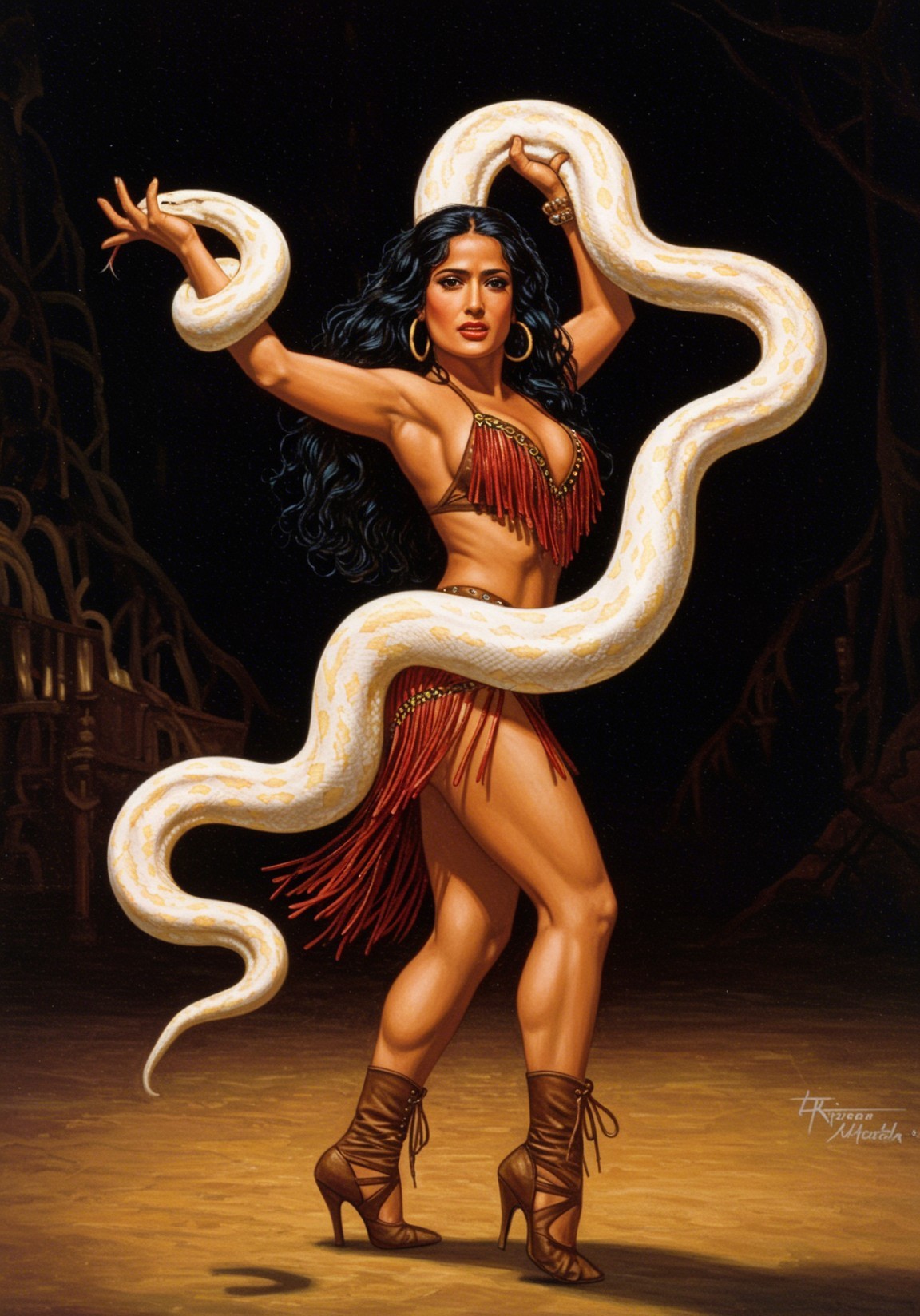 Confident Woman Posing with Snake in Dim Lighting