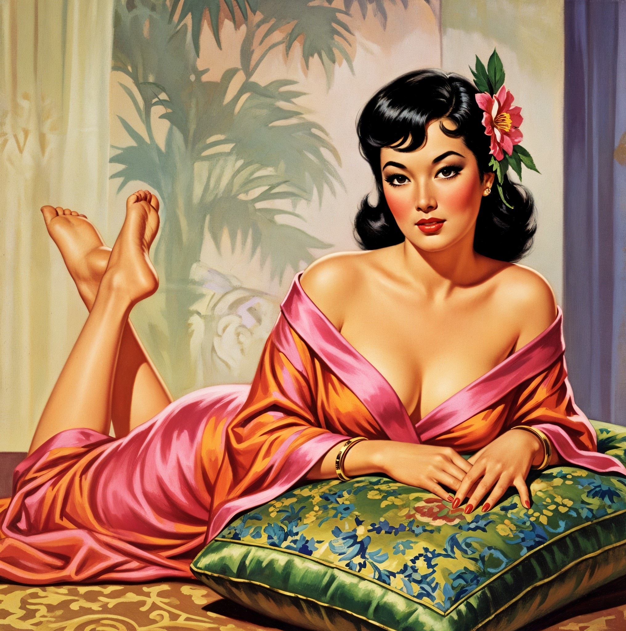 Vibrant Artwork of Glamorous Woman in Tropical Setting