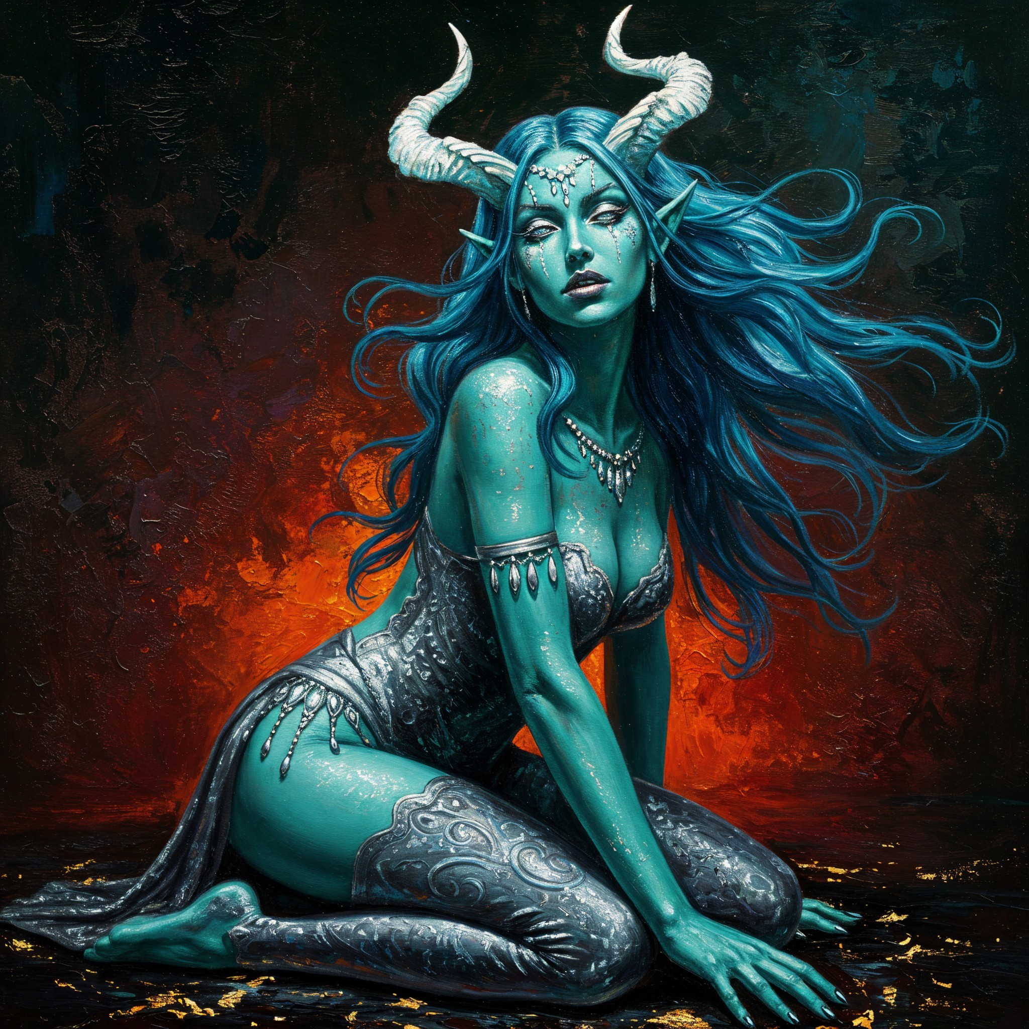 Vibrant Blue Figure with Ethereal Features and Jewelry
