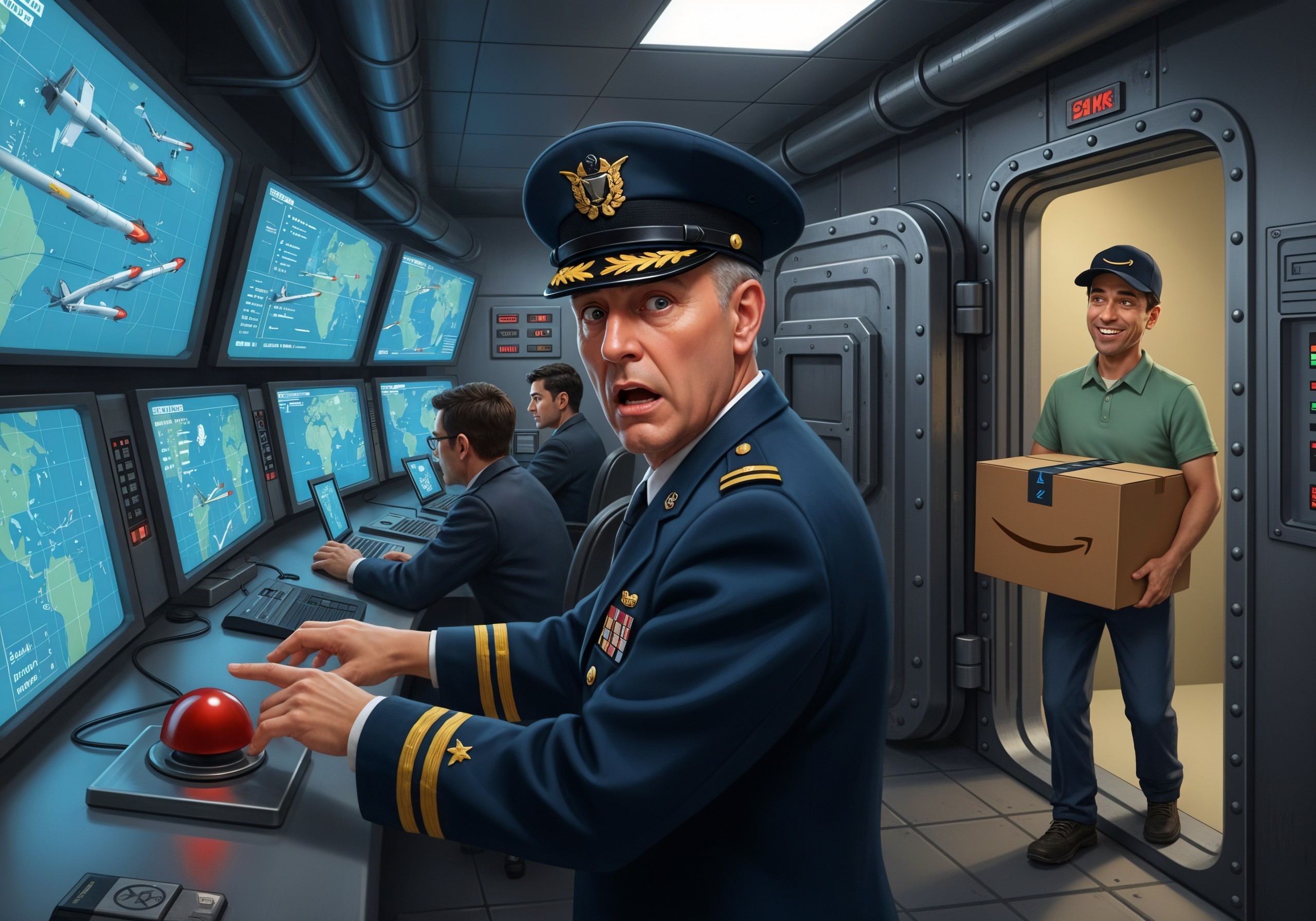 Military Control Room with Delivery Person Present