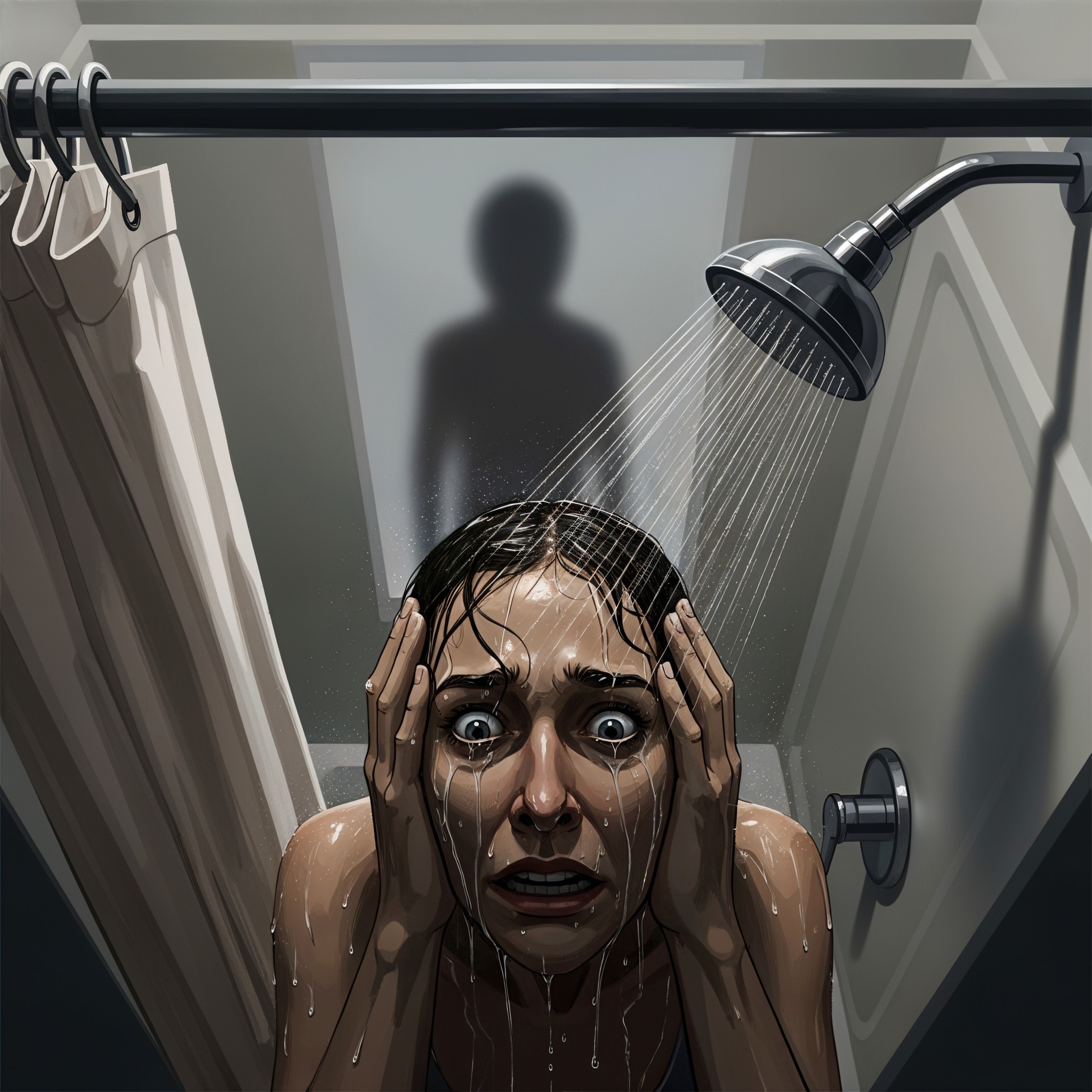 Woman in Shower with Distressed Expression and Tension