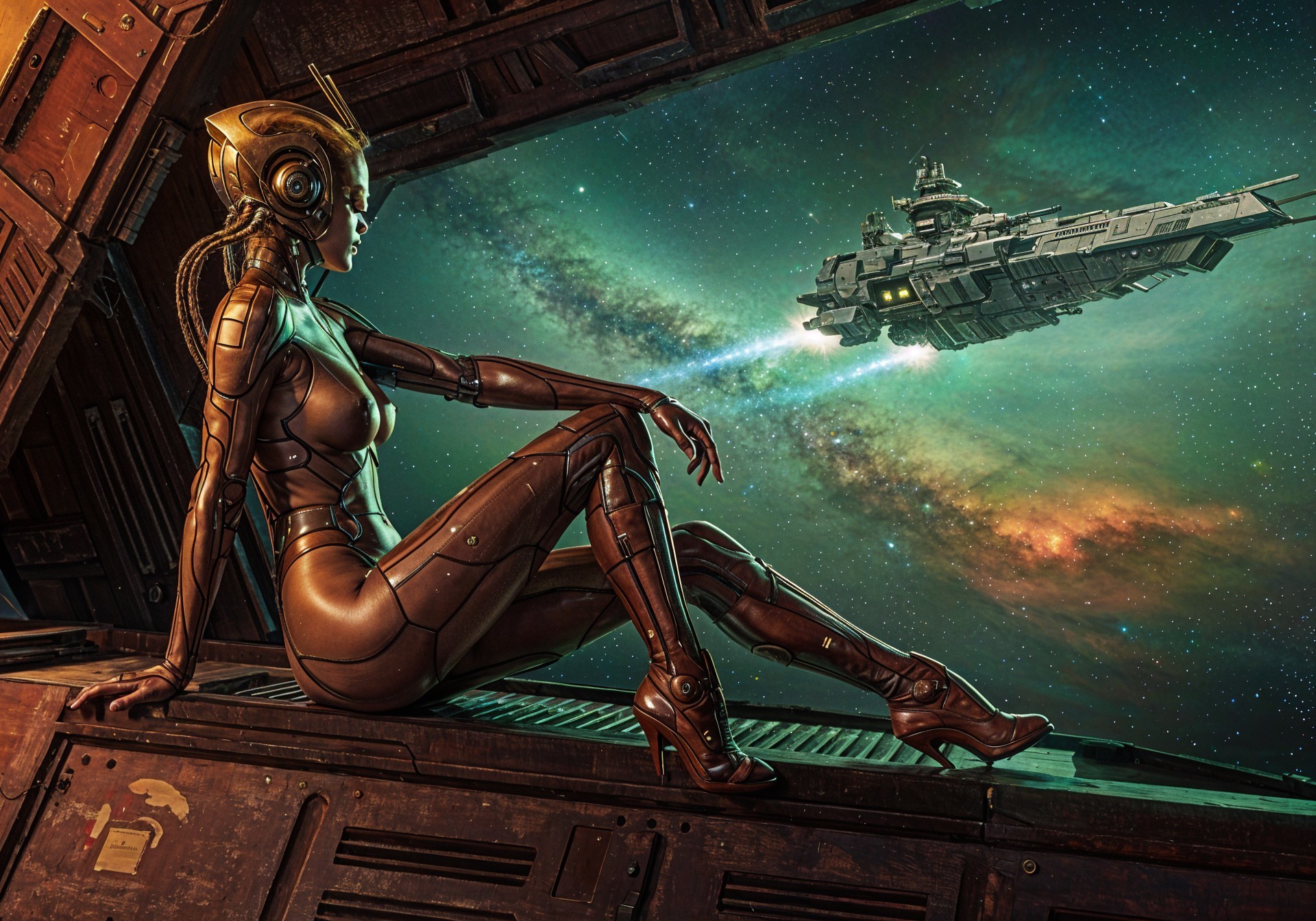 Futuristic Robotic Figure in Cosmic Scene by Window