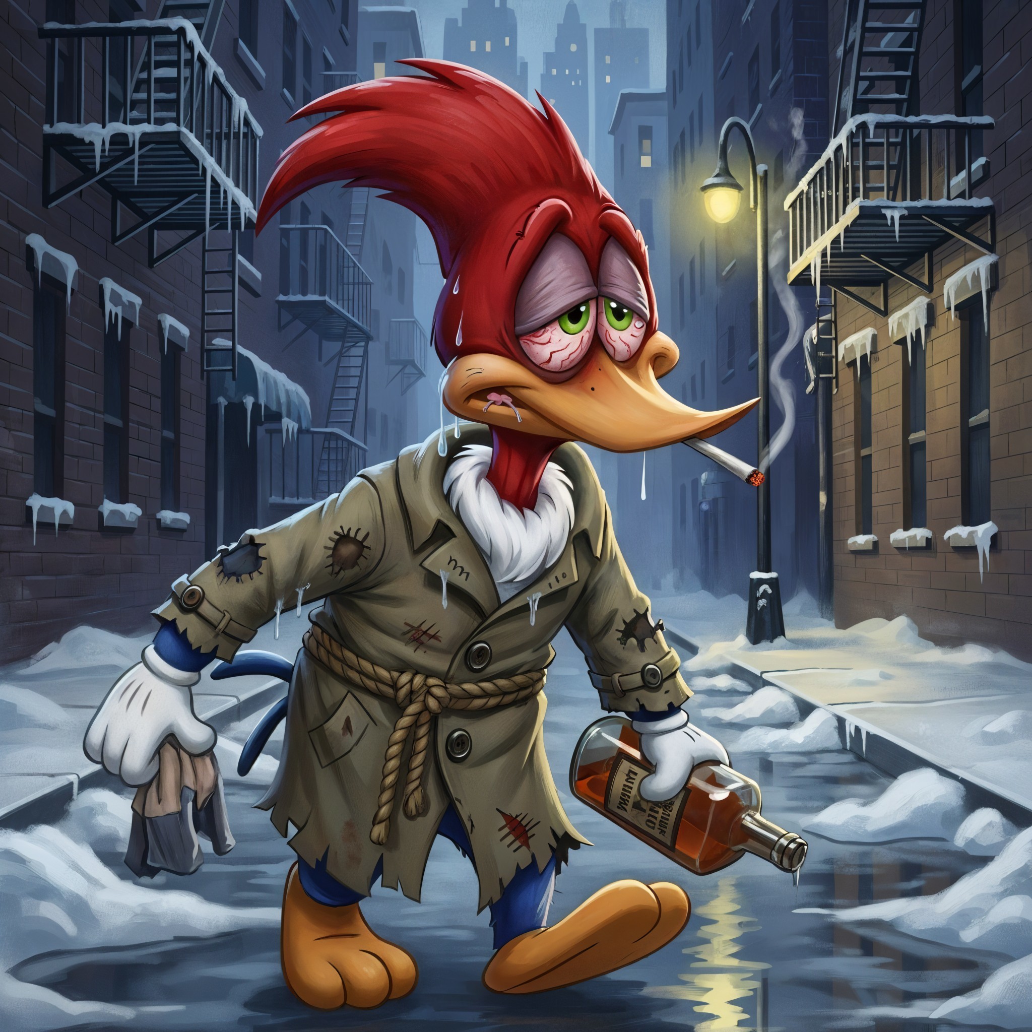 Woodpecker in Snowy Alley with Whiskey and Paper Bag