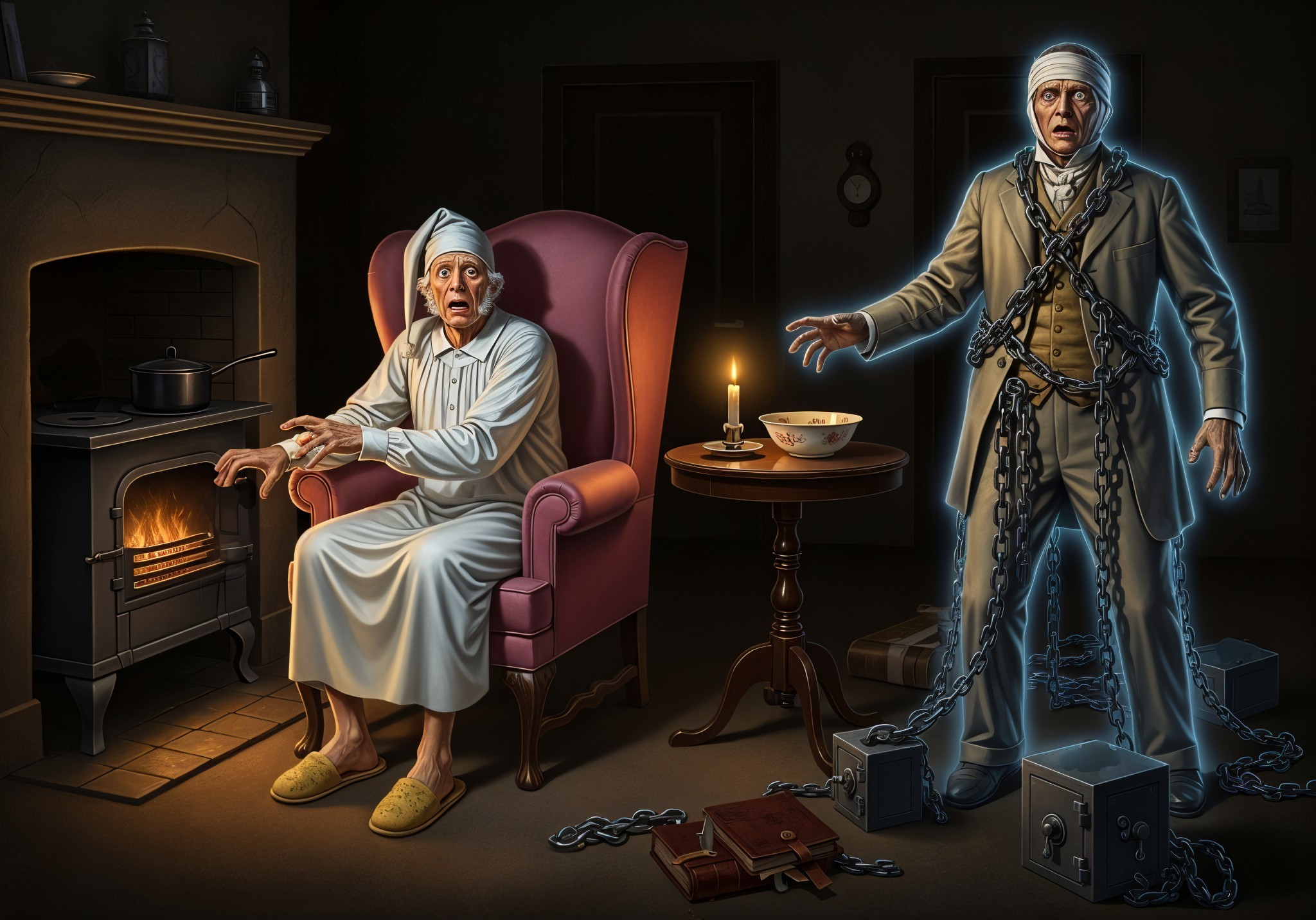 Elderly Man Encounters Ghostly Figure in Dim Room