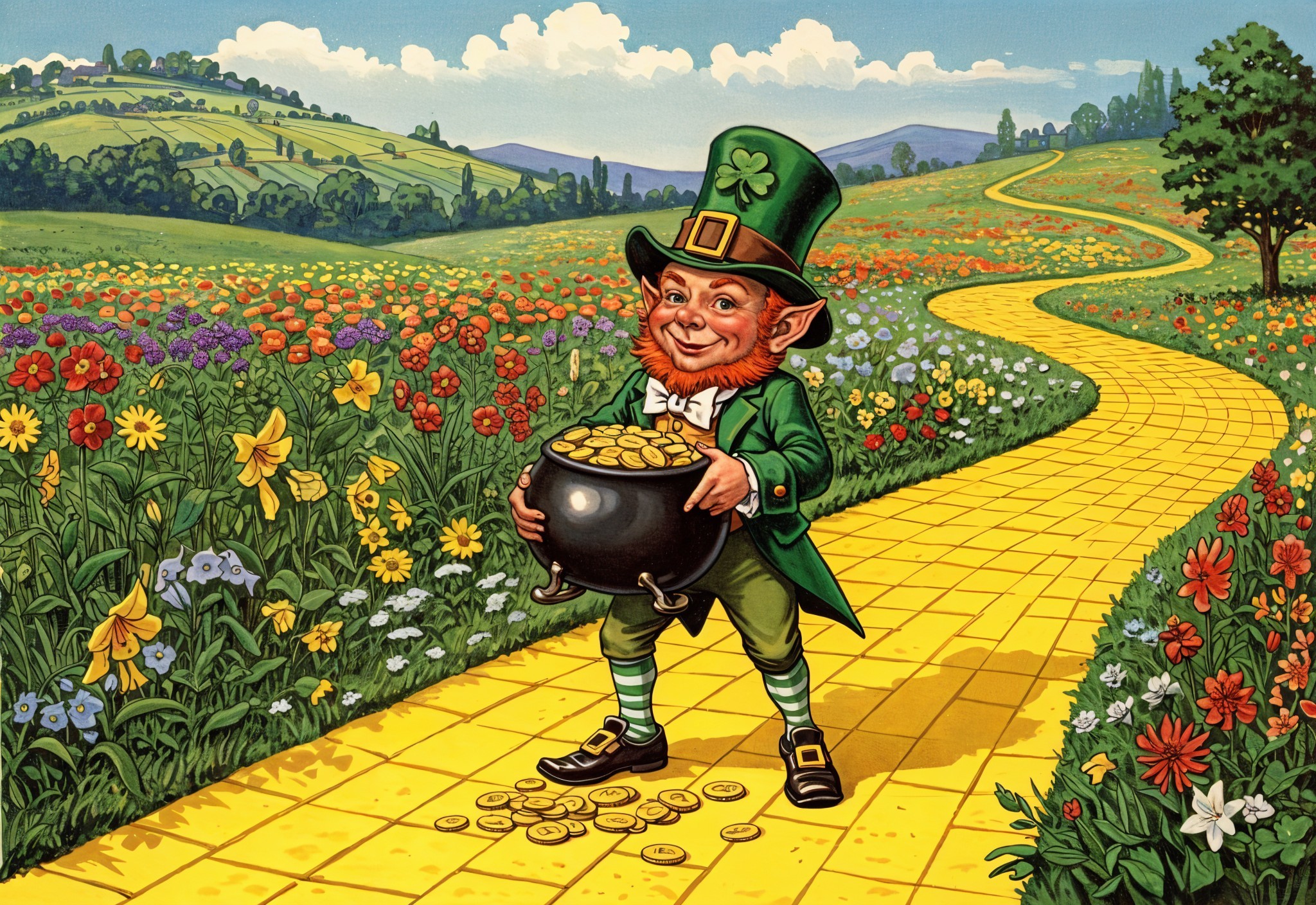 Leprechaun on Golden Path in Colorful Landscape