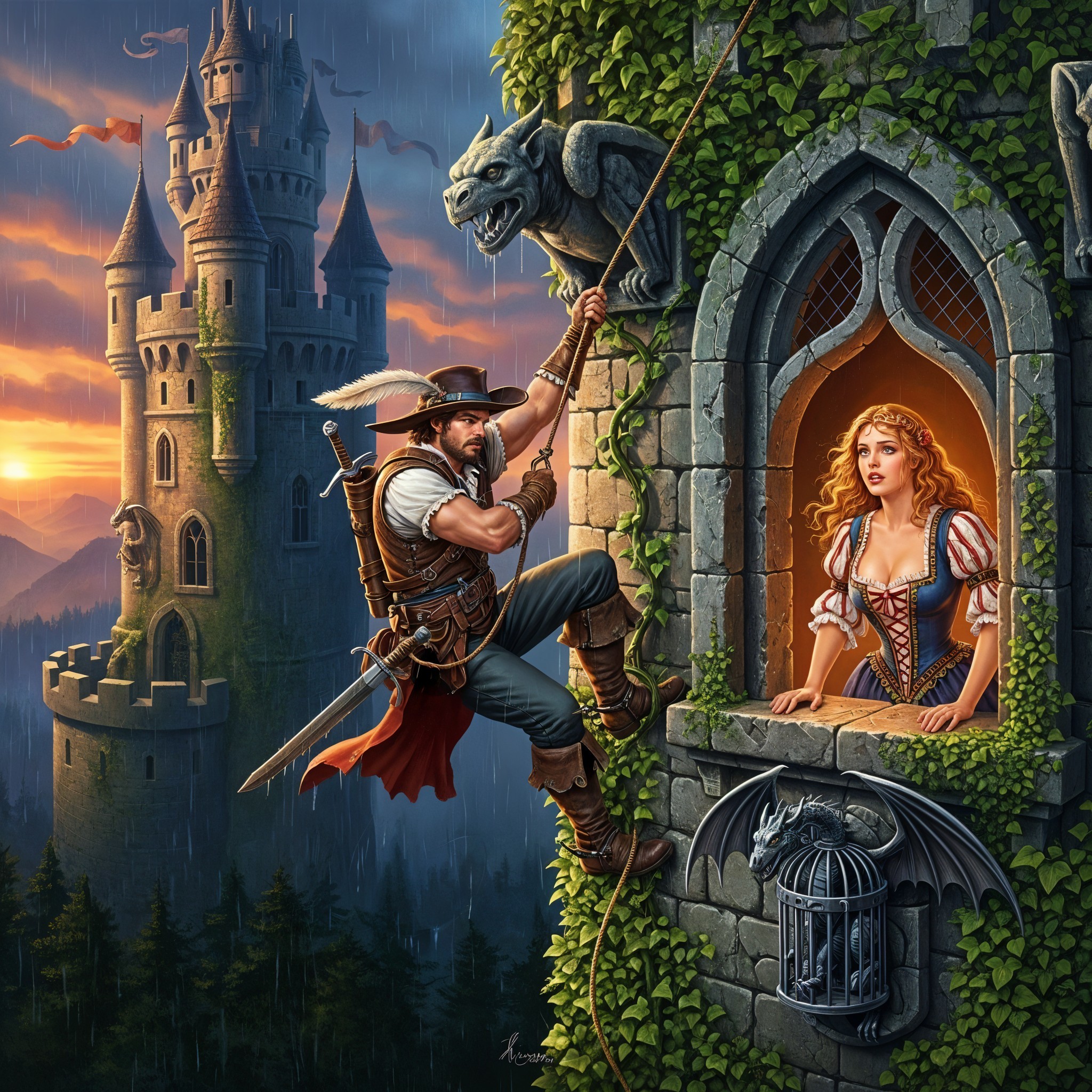 Heroic Figure Climbs Castle Wall at Sunset