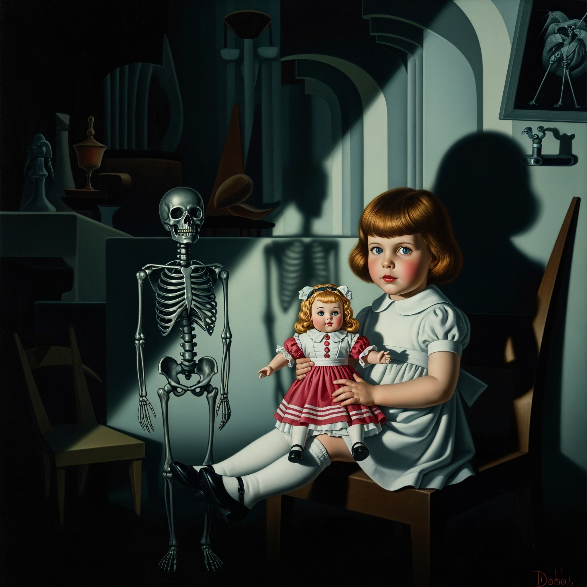 Young Girl with Doll and Anatomical Skeleton in Art