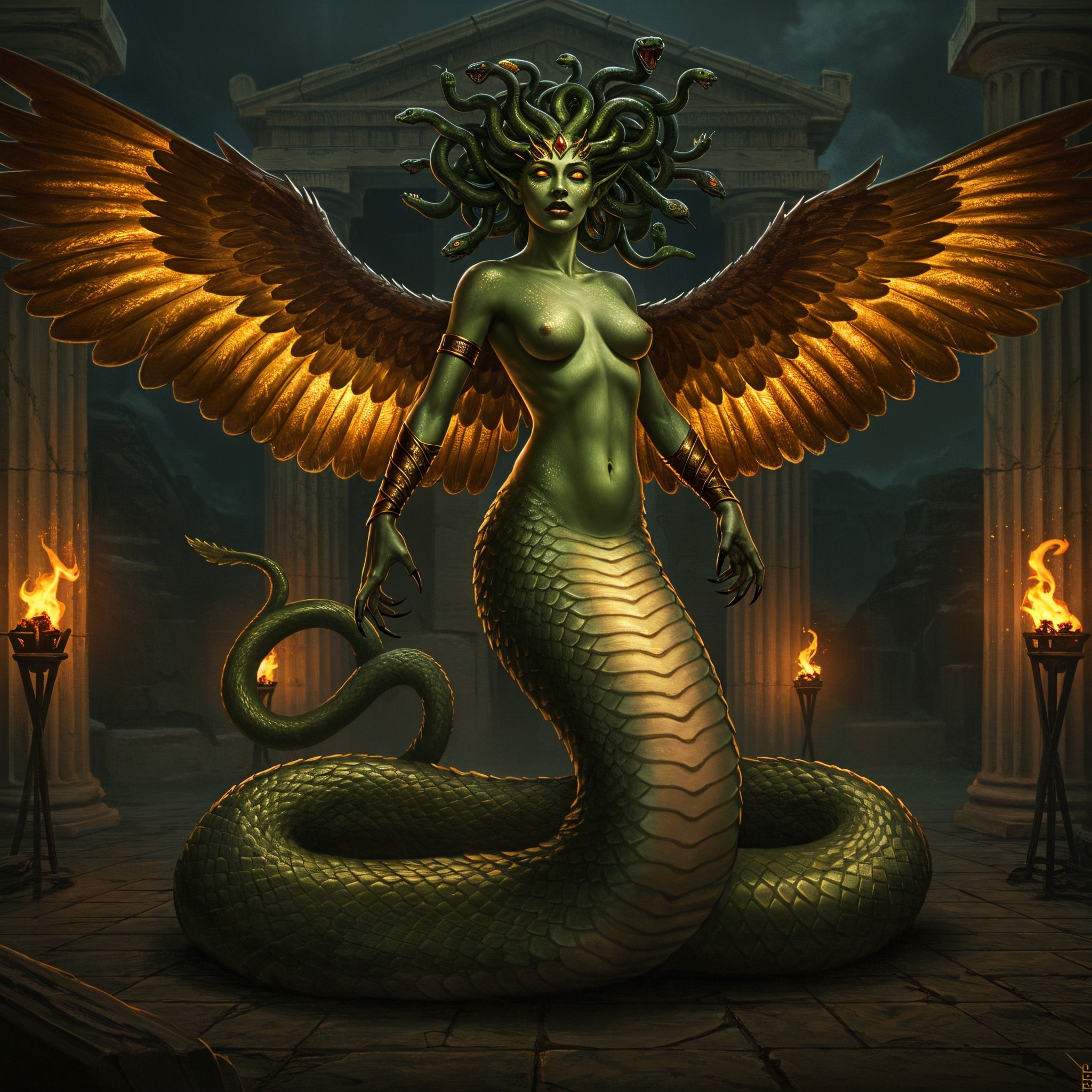 Serpent-Goddess Figure in Dark Temple Setting