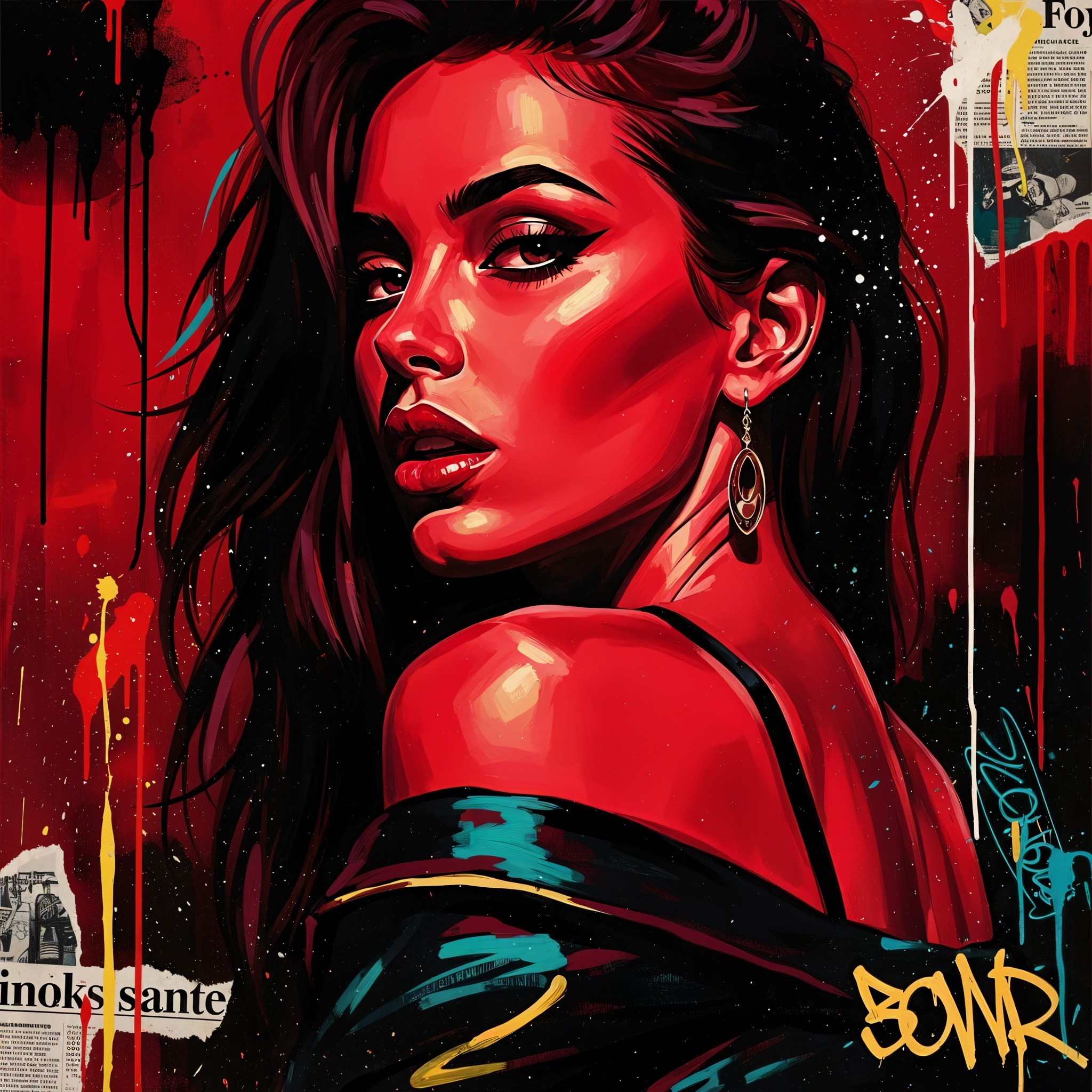 Portrait of a Woman with Bold Makeup and Red Background