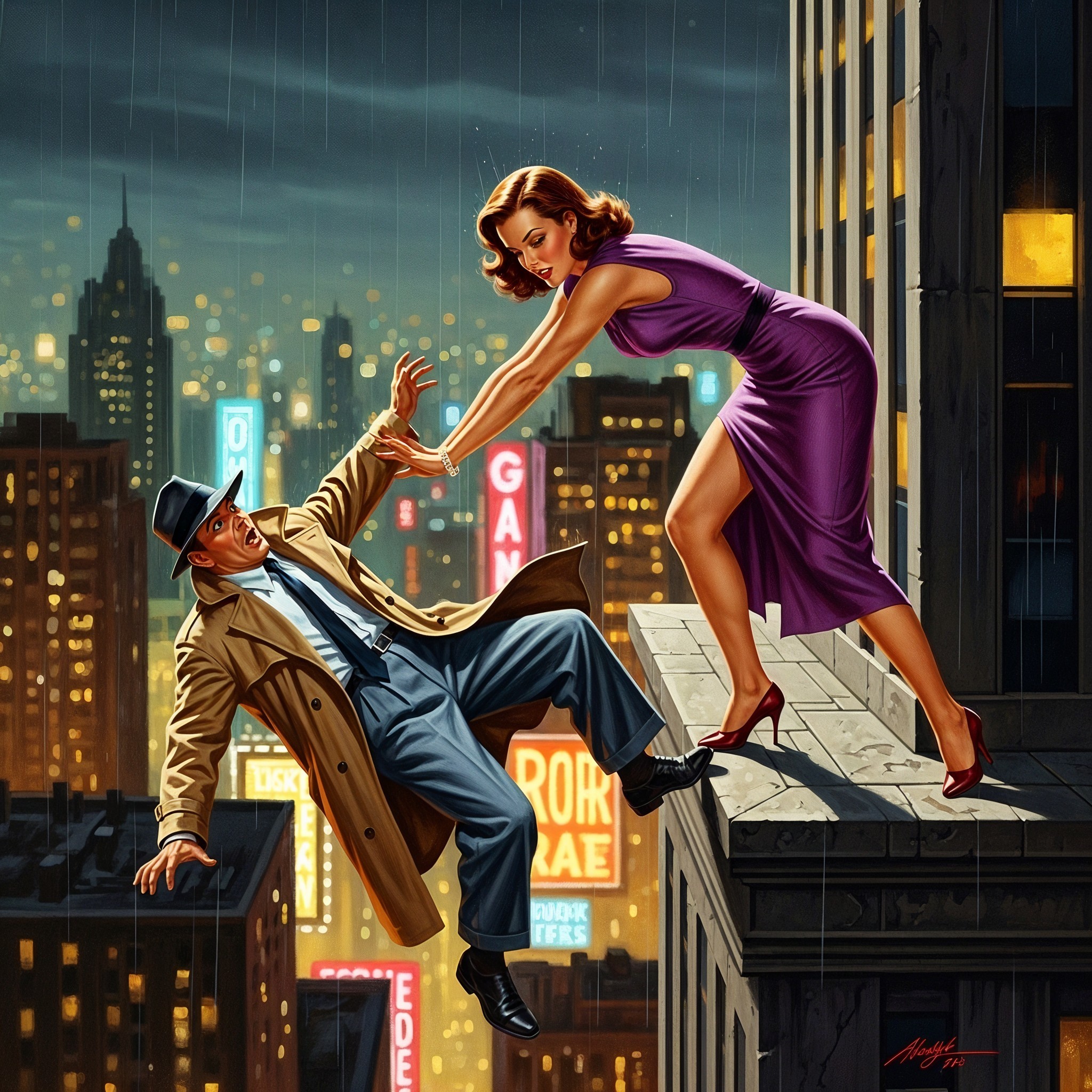 Nighttime Cityscape with Glamorous Couple in Noir Style