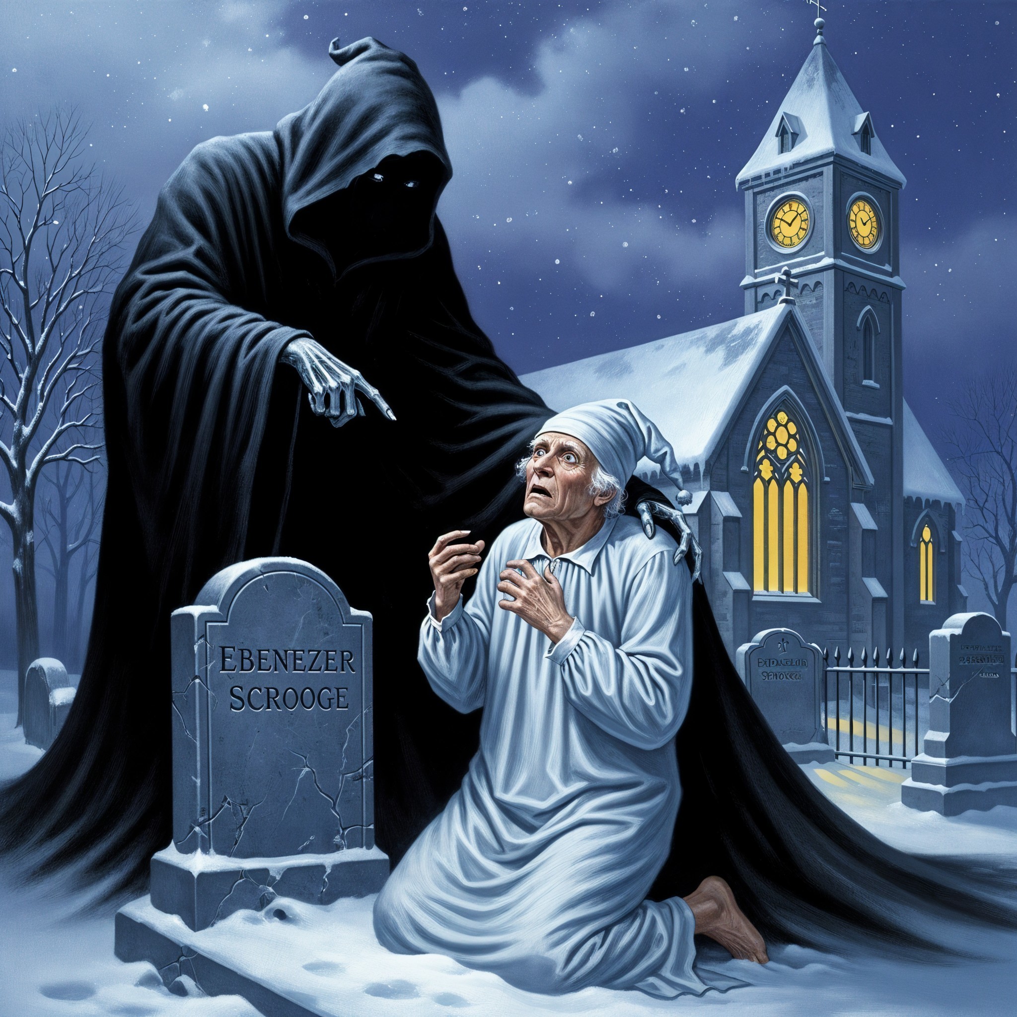 Ghostly Figure in Cloak Points at Old Man in Graveyard