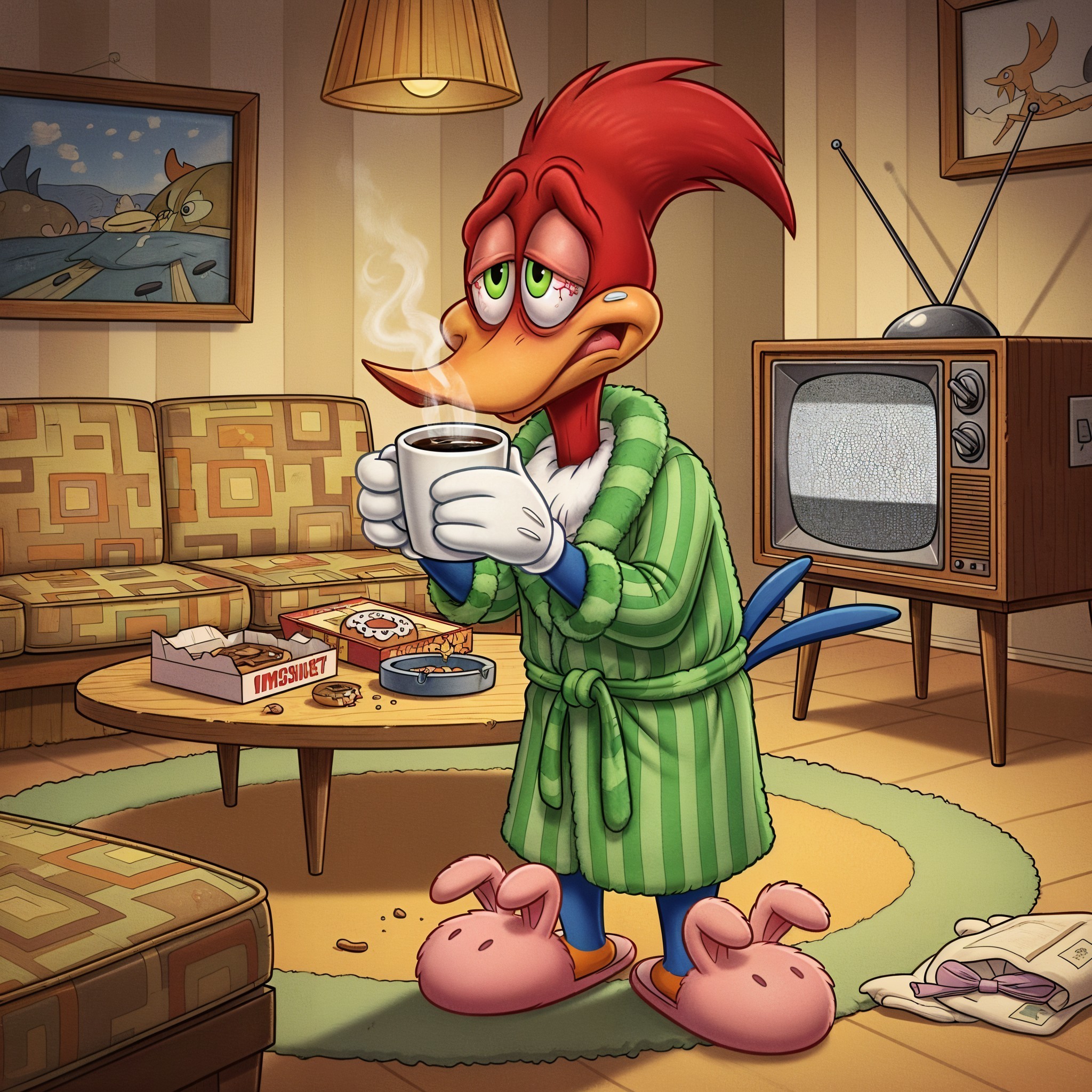 Whimsical Cartoon Character in Cozy Living Room Setting