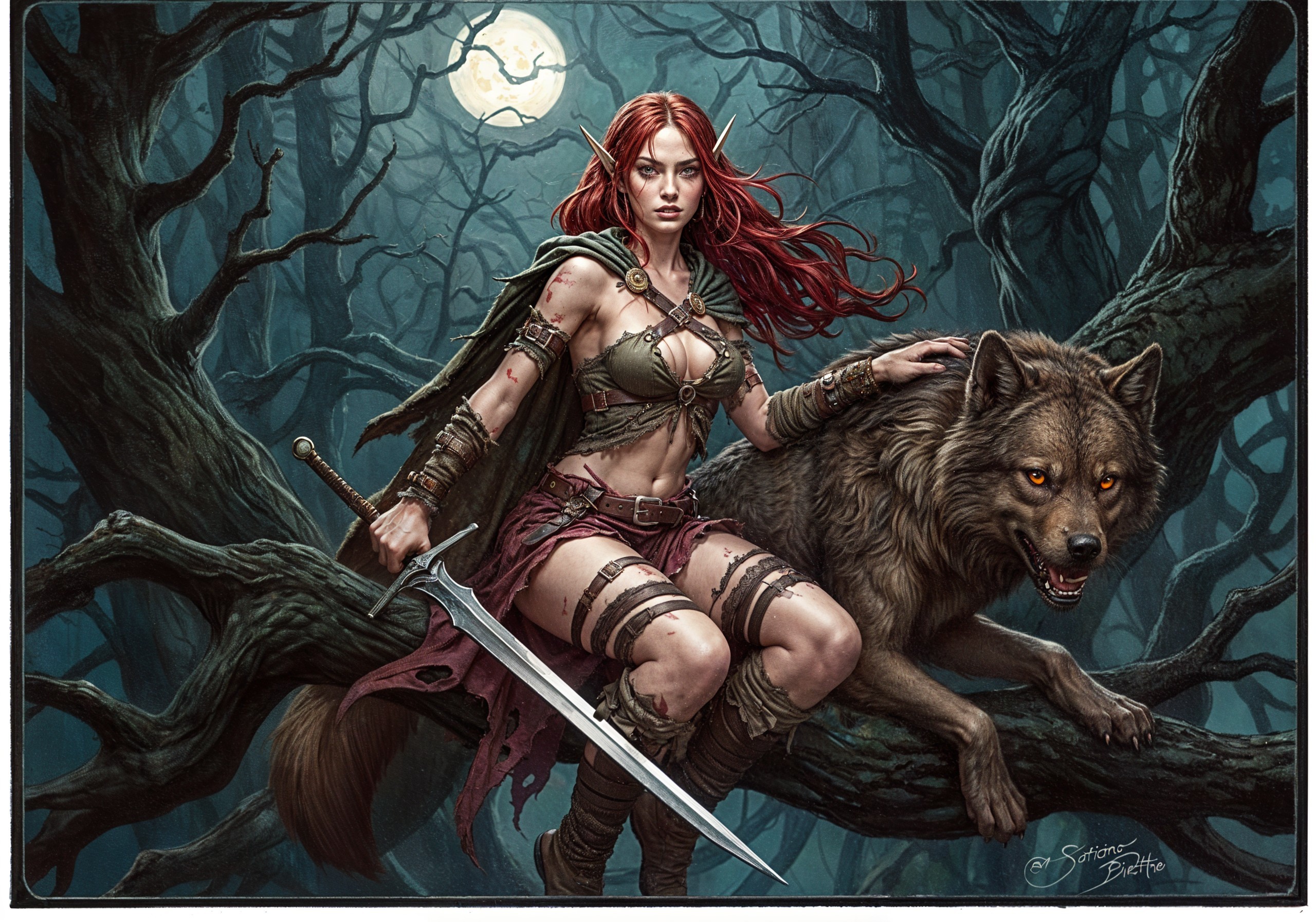 Warrior Woman with Wolf in Enchanted Forest Scene