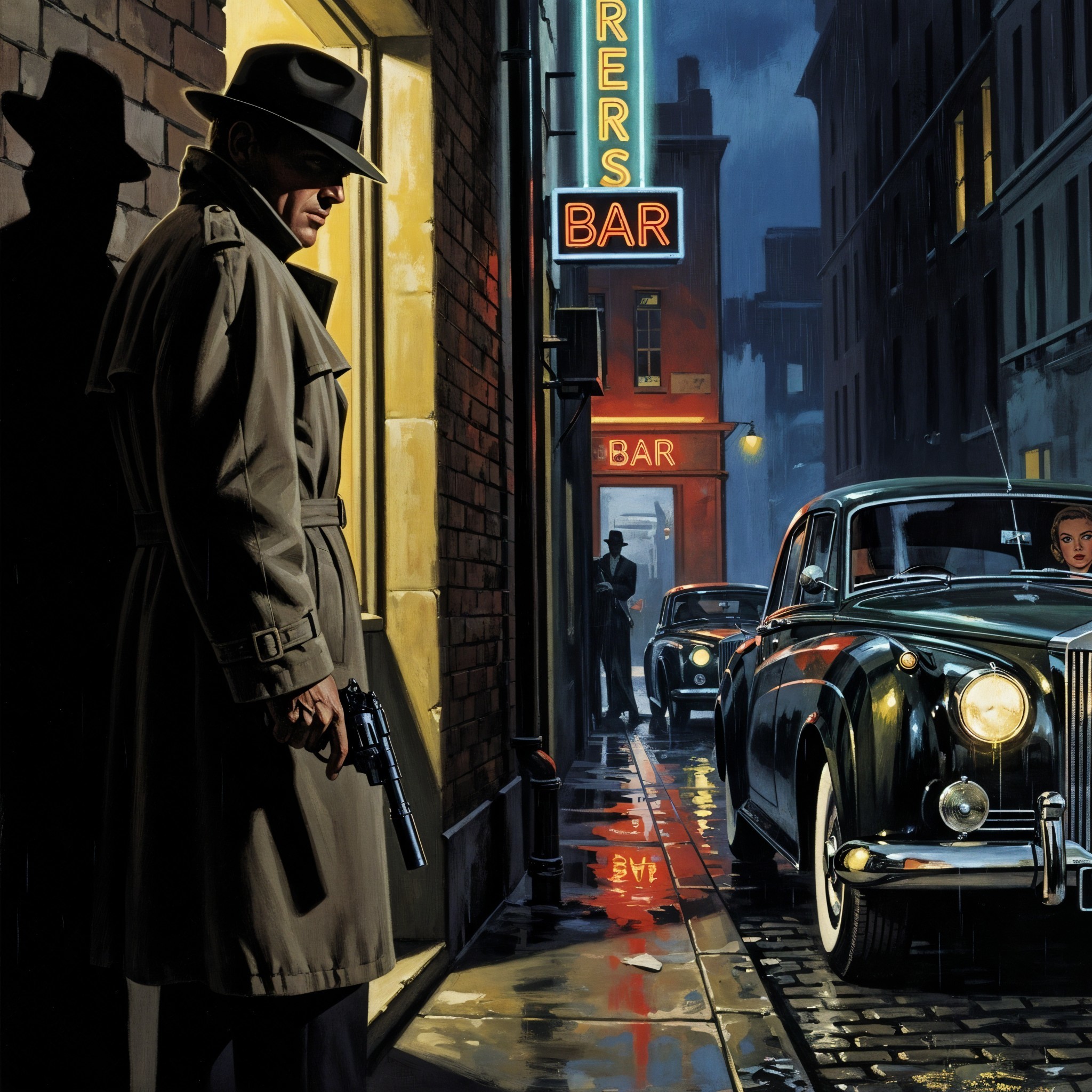 Low-angle shot of a shadowy figure with a gun