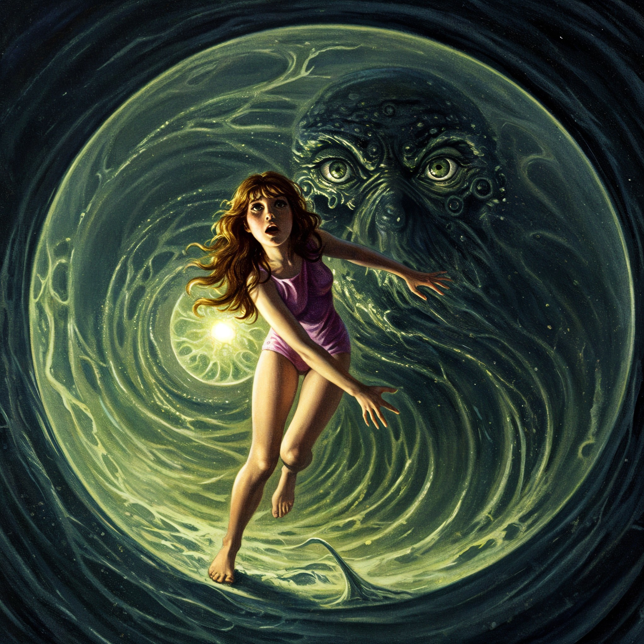 Girl in Purple Dress Amid Dark Vortex and Monster