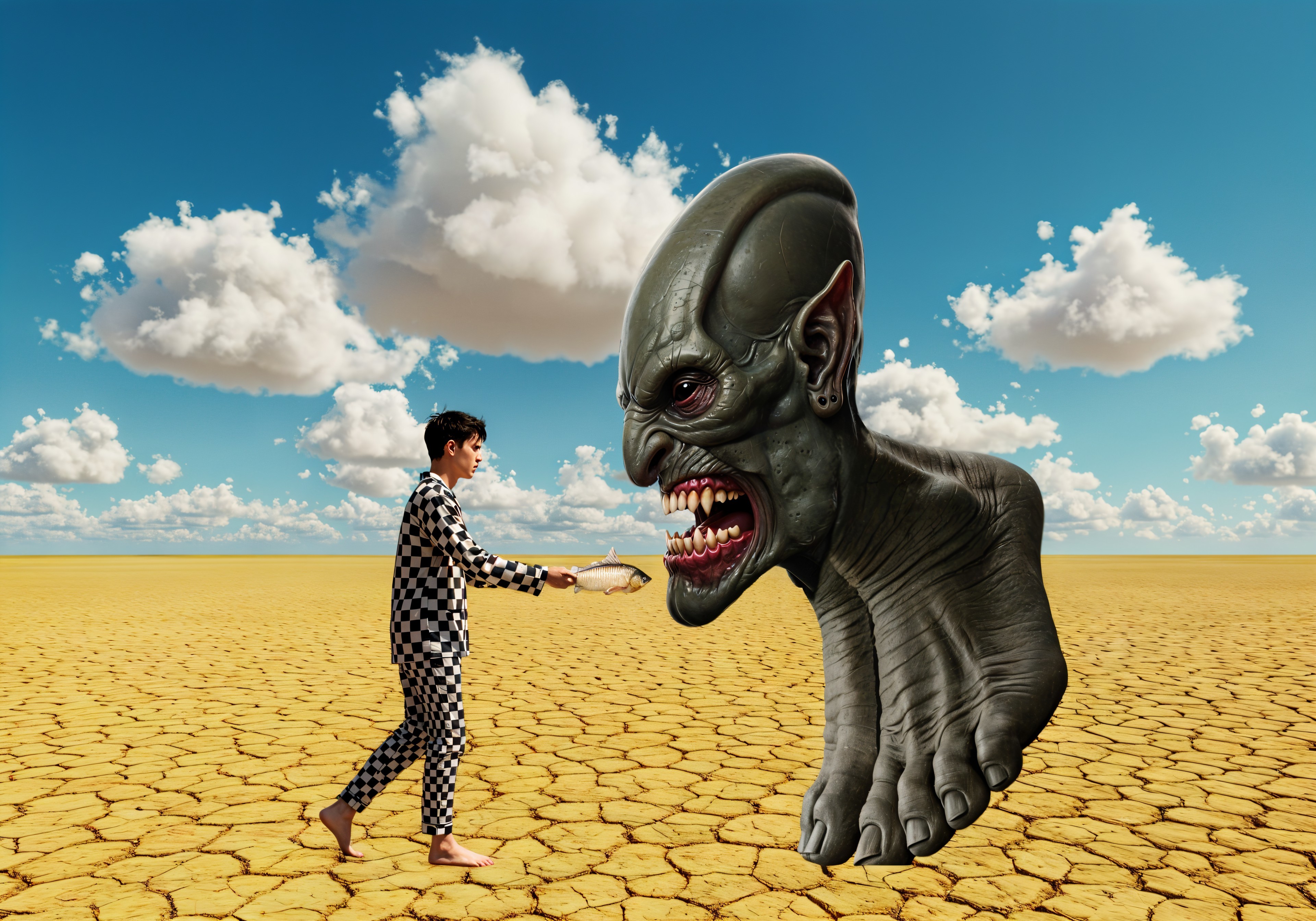 Surreal Landscape with Boy and Menacing Creature