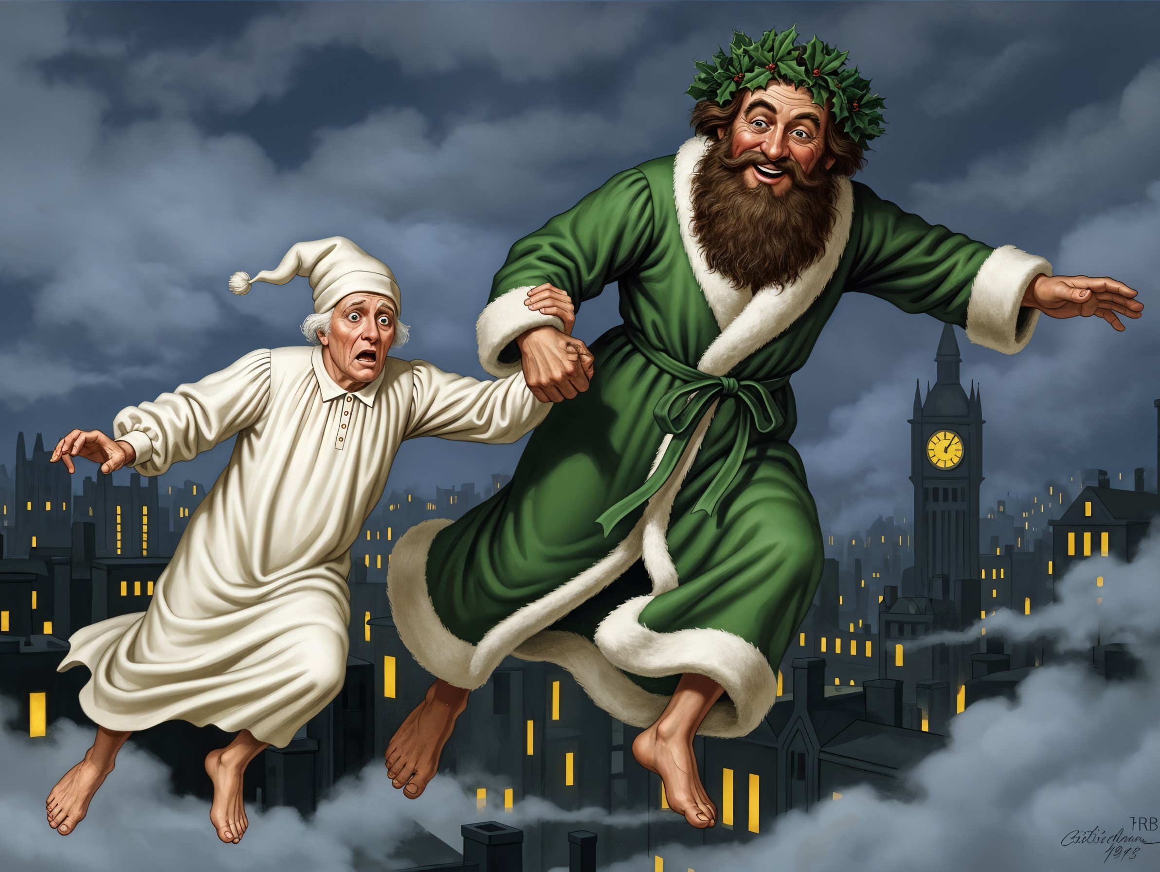 Whimsical Night Sky Scene with Bearded Figure and City