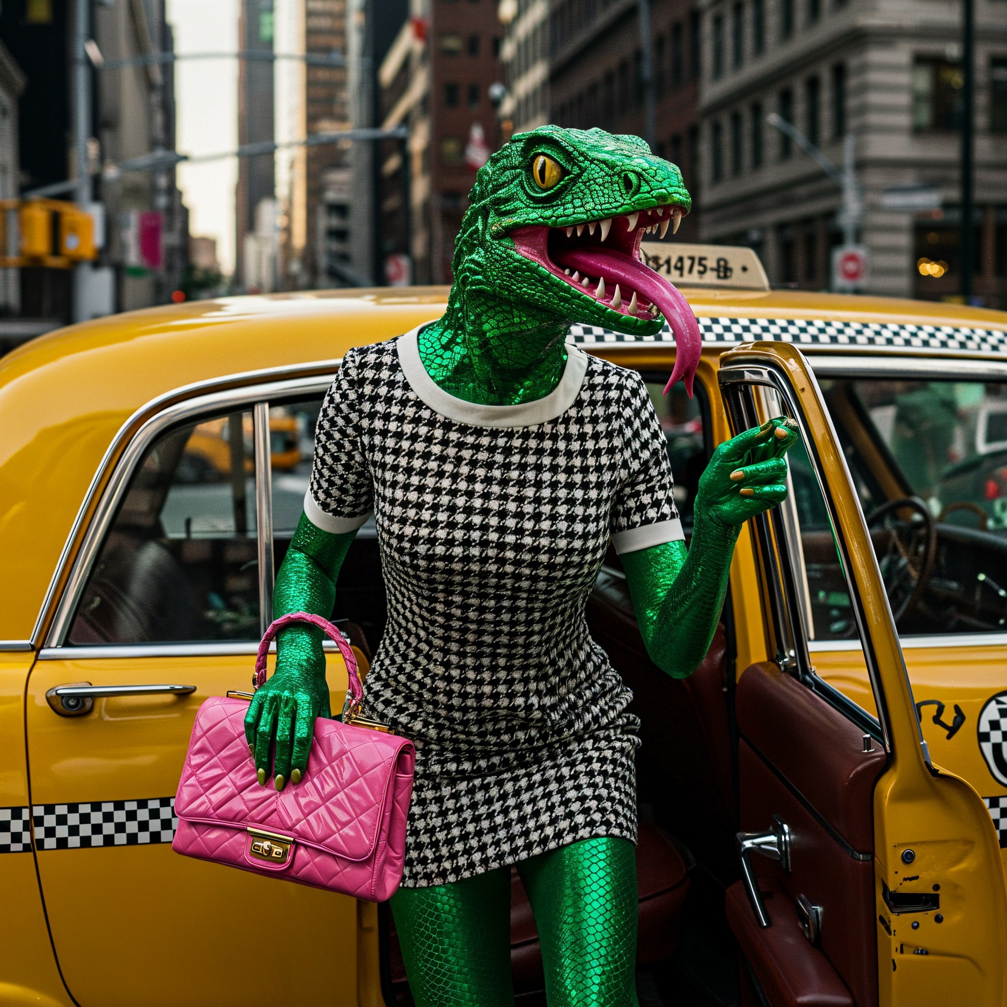 Vibrant Lizard Person in Urban Fashion Scene