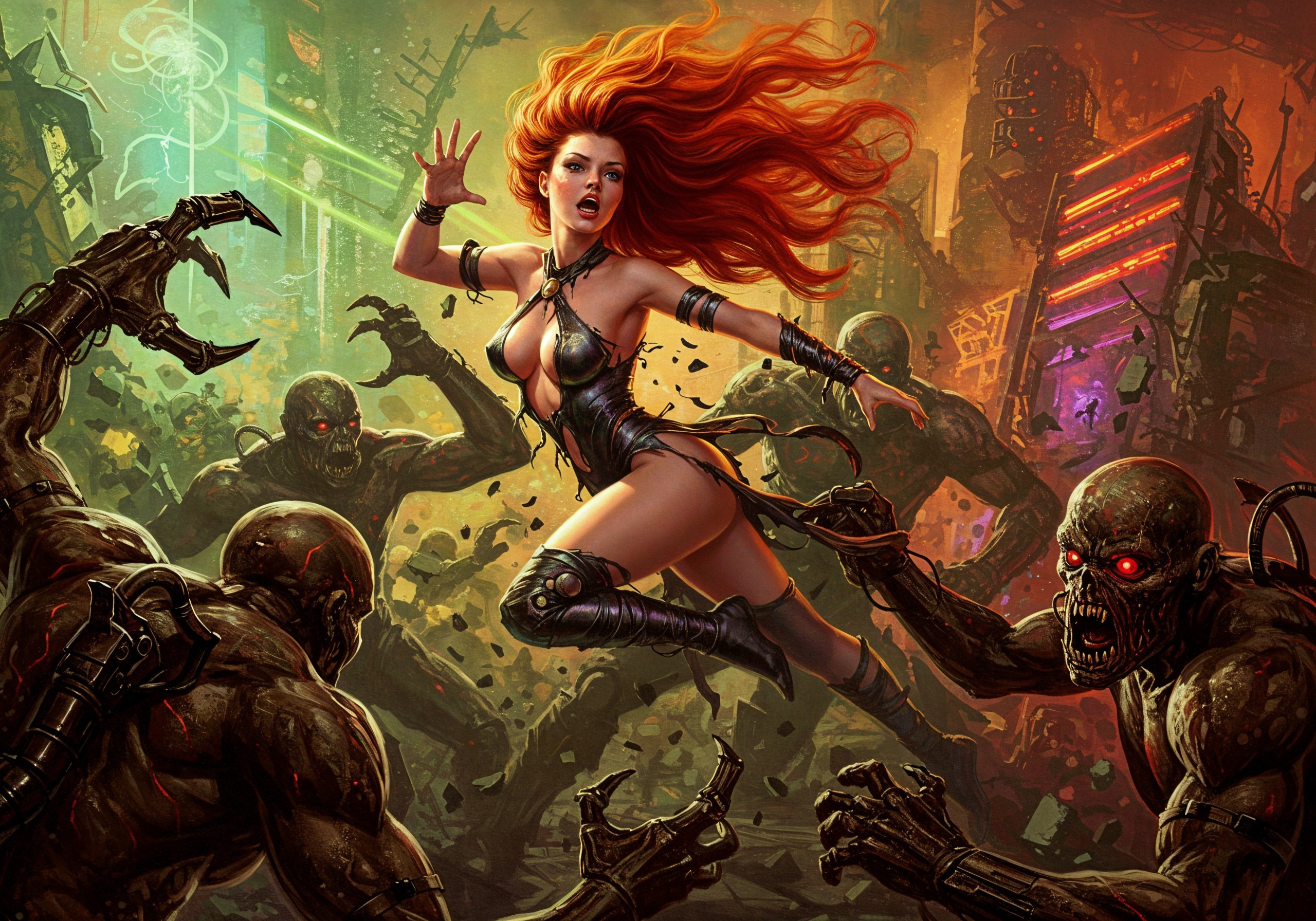 Dystopian Warrior Faces Zombie Creatures in Neon Chaos