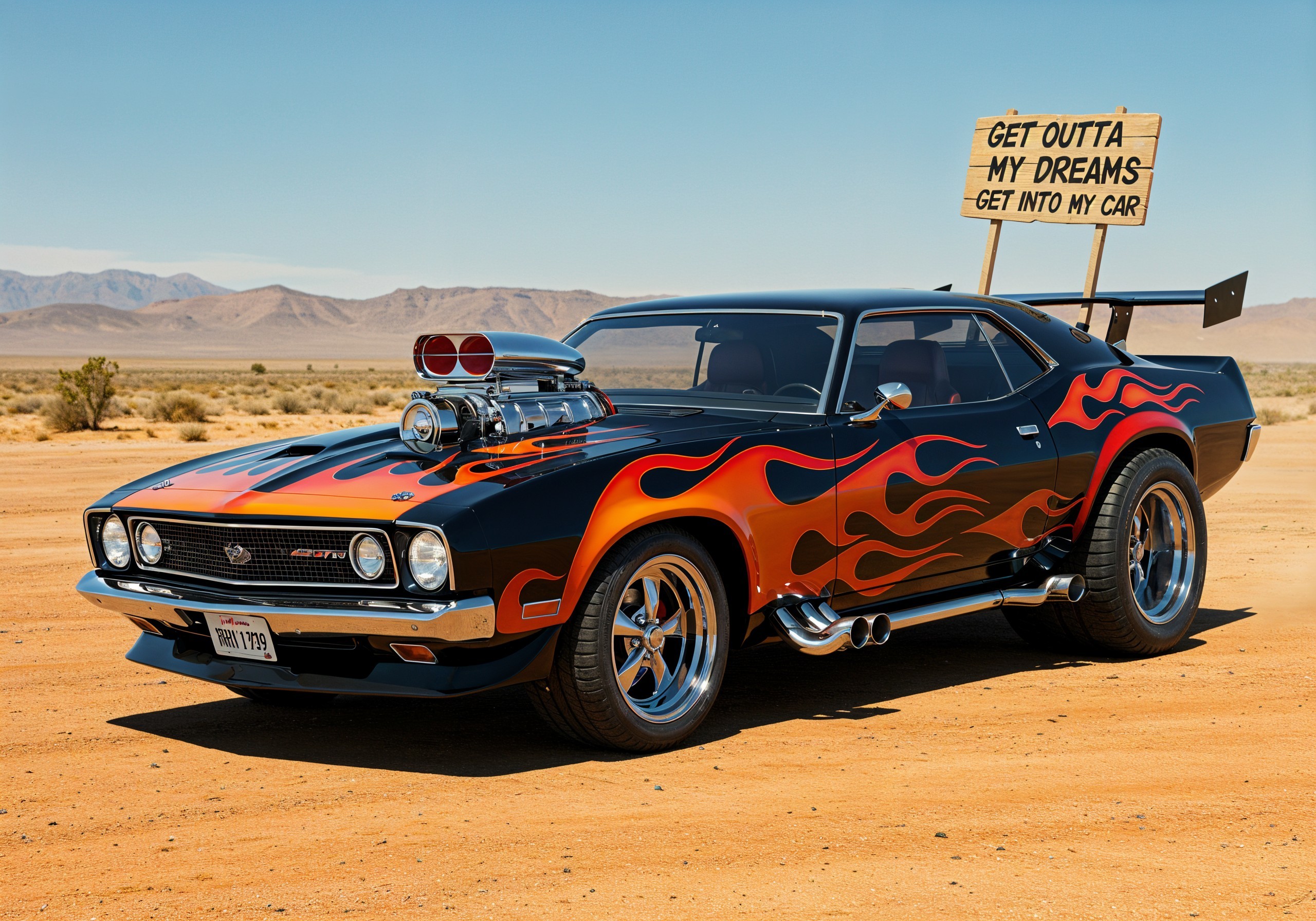 Classic Muscle Car with Black Body and Flame Design