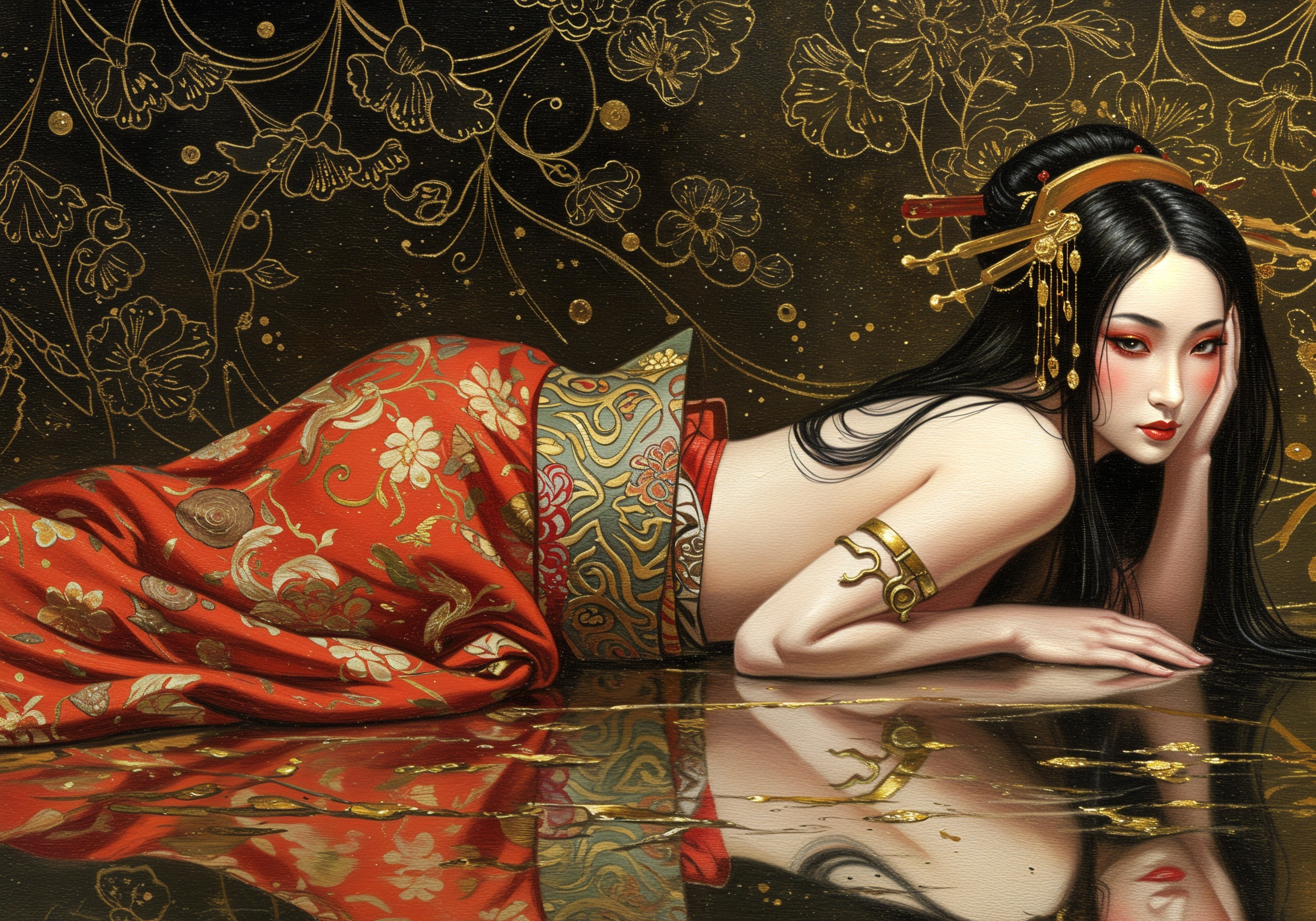 Elegant Woman in Red and Gold Floral Outfit