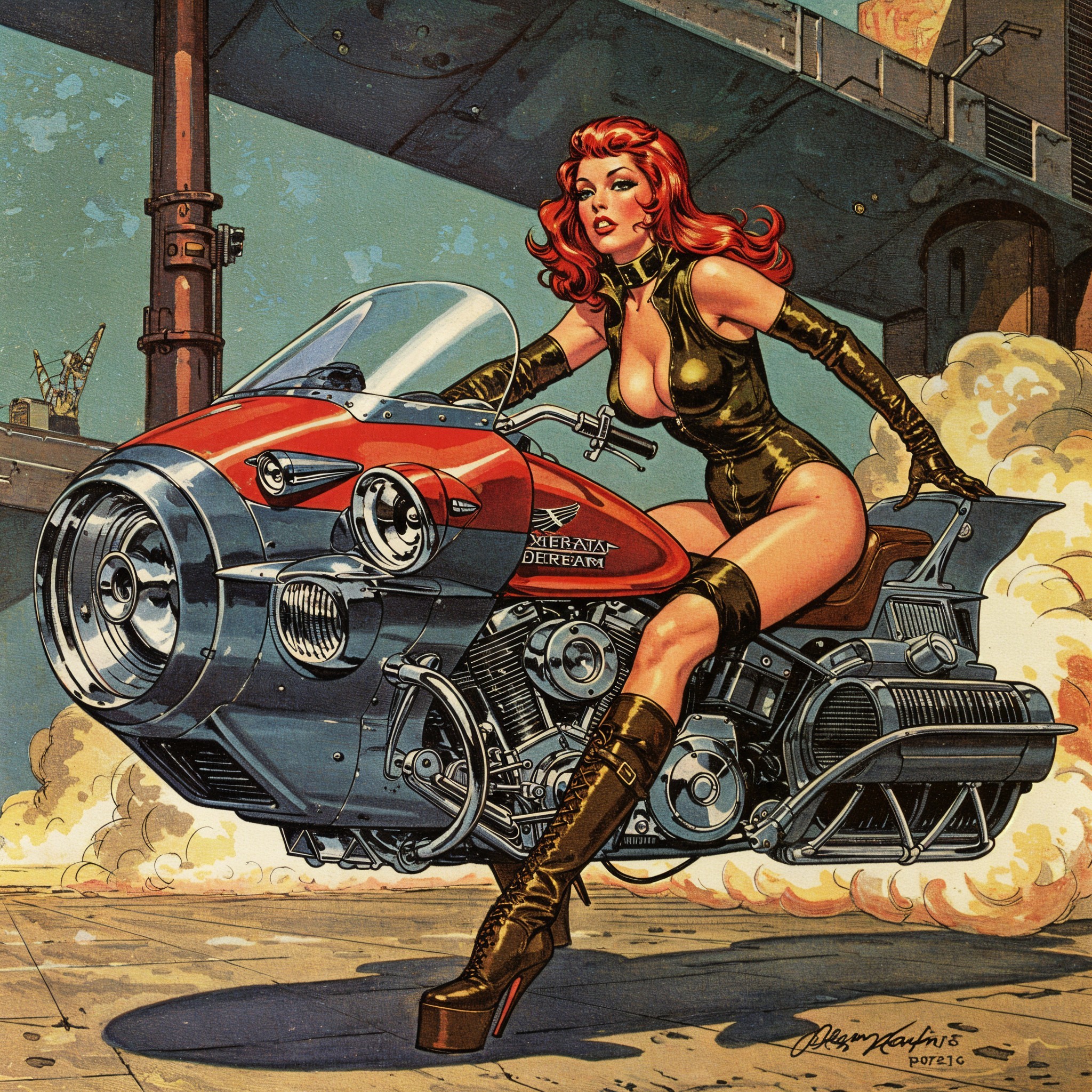 Confident Woman on Futuristic Motorcycle Illustration