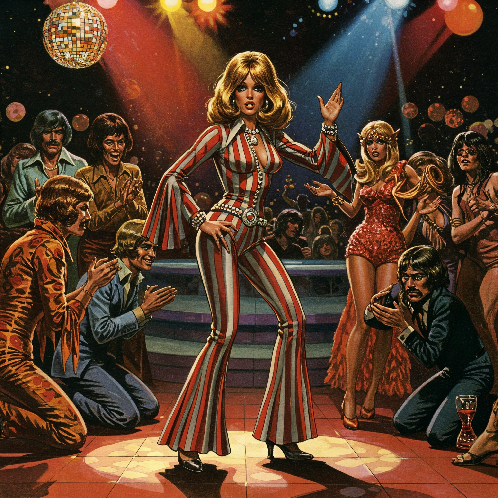Vibrant 1970s Disco Scene with Colorful Lights