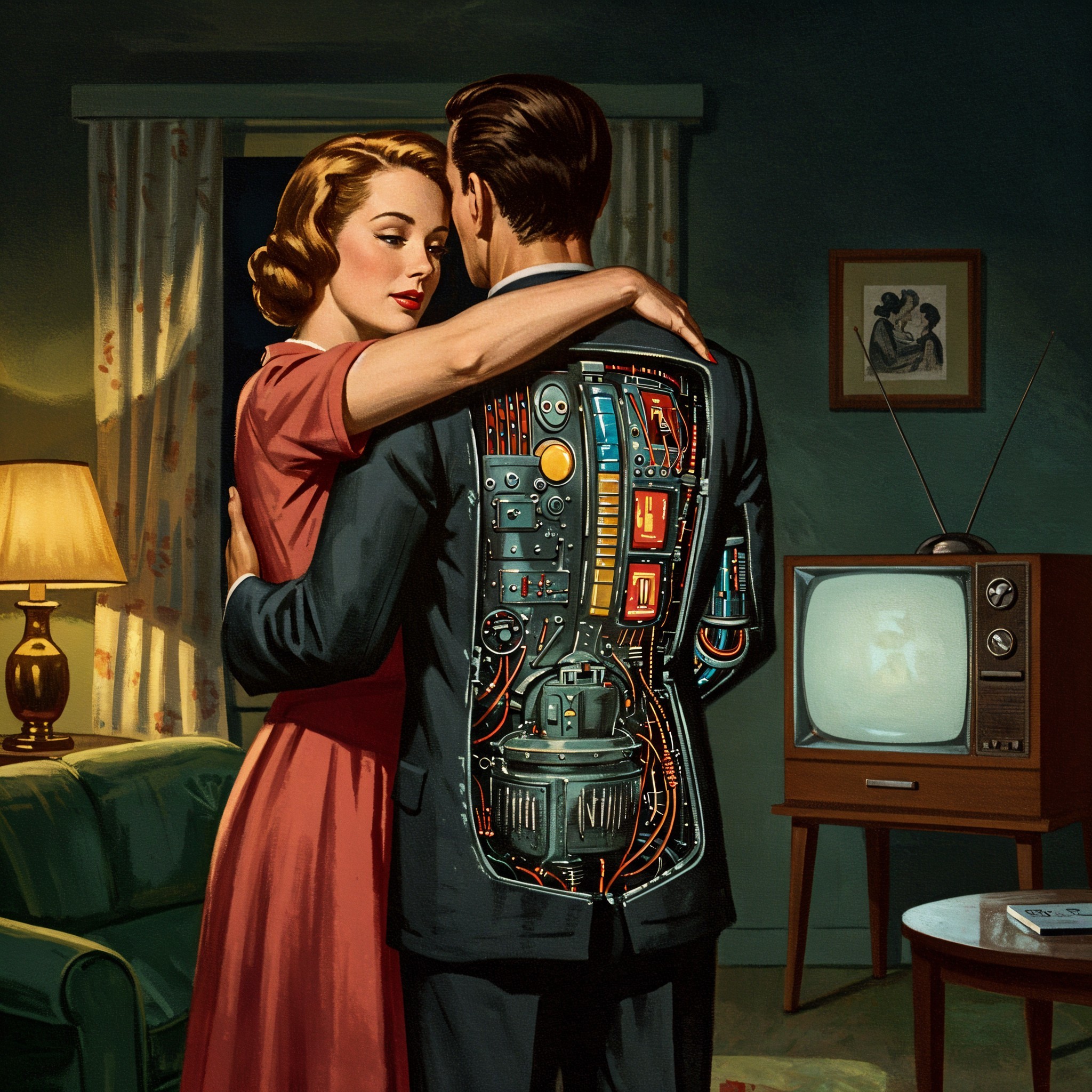 Retro Living Room with Vintage Decor and Sci-Fi Elements