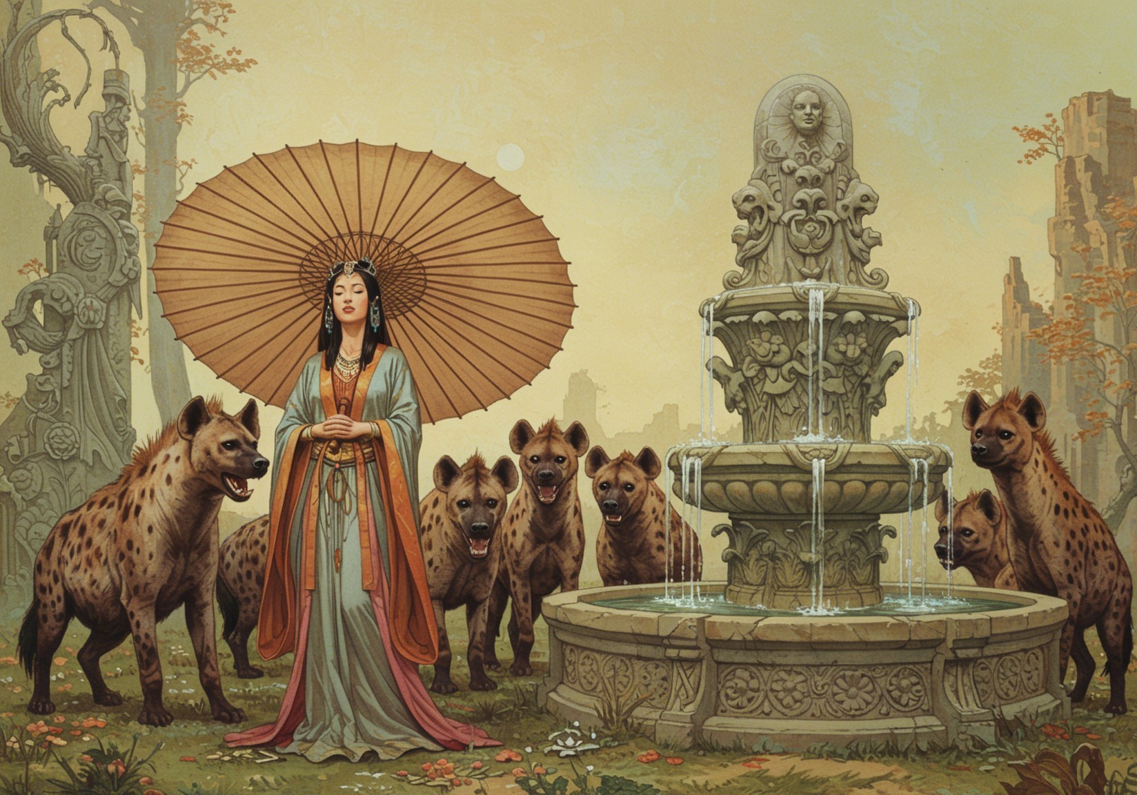 Serene Woman in Traditional Attire by Fountain with Hyenas