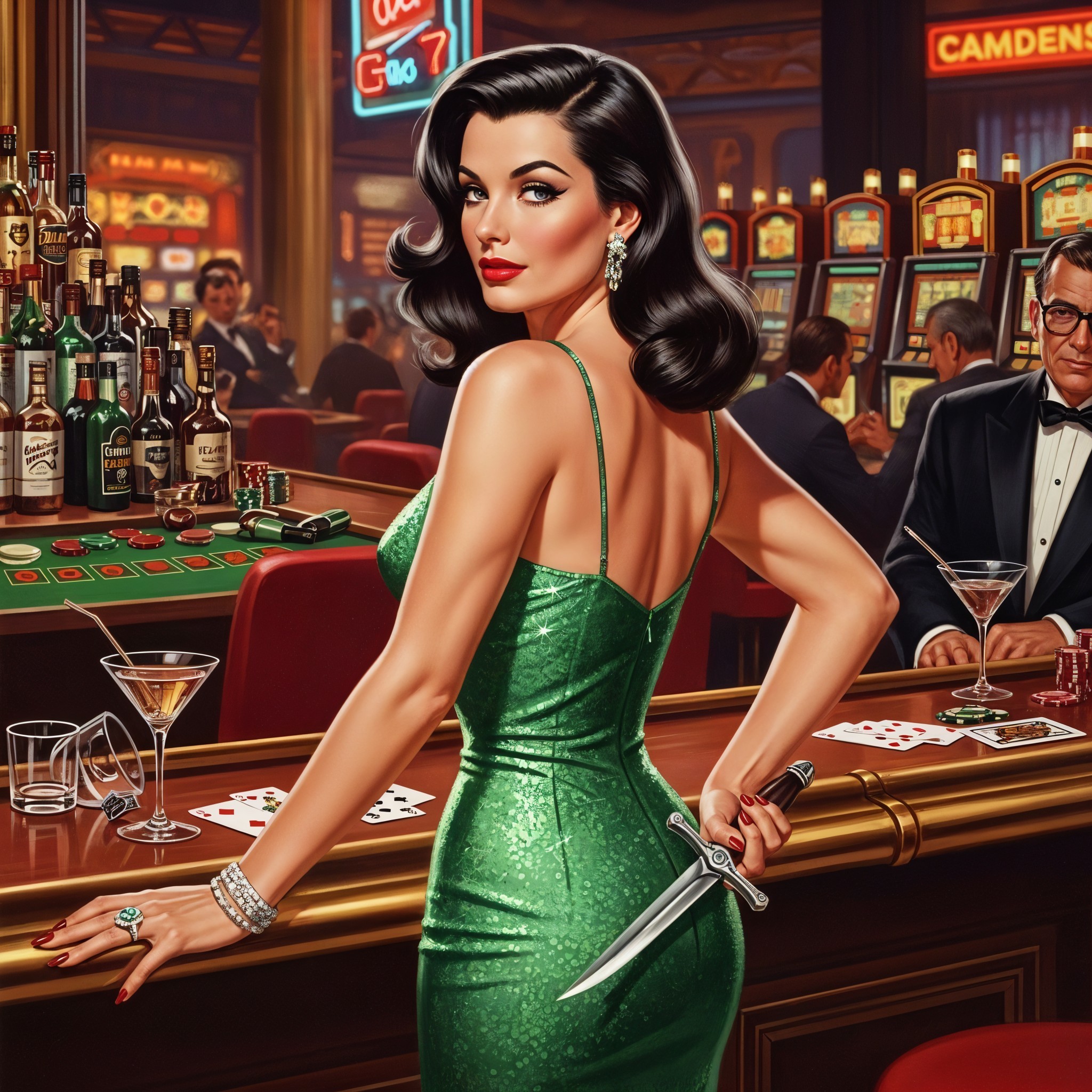 Glamorous Casino Scene with Alluring Woman in Green Dress