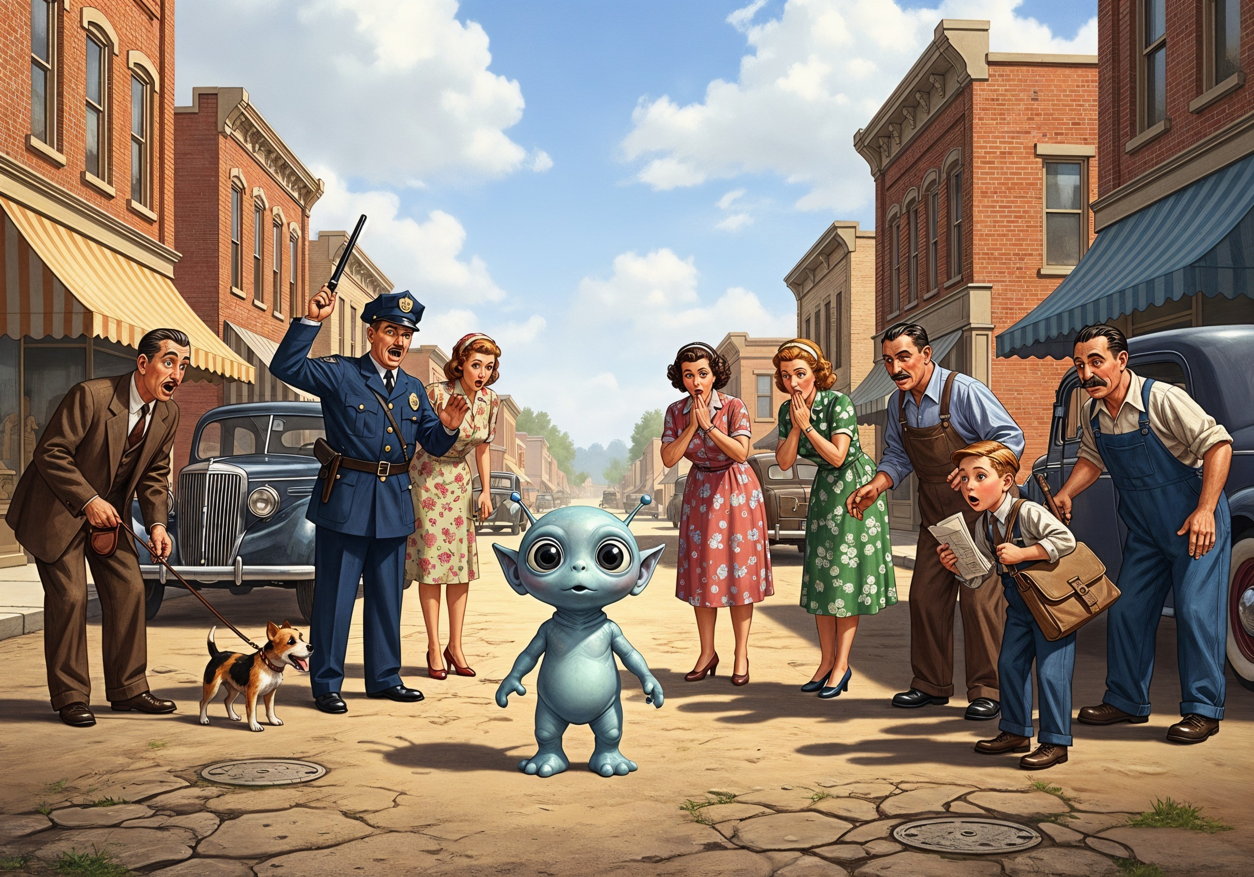 Blue Alien in Mid-20th Century Town Street Scene