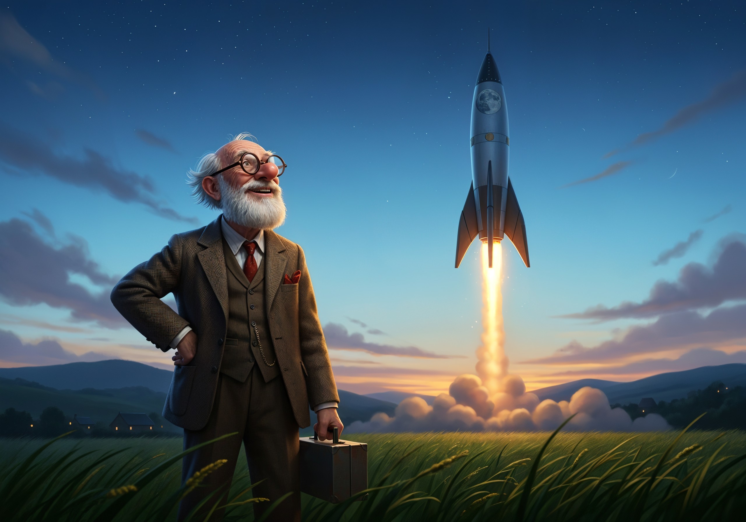 Elderly Scientist in Field with Rocket Launching Behind