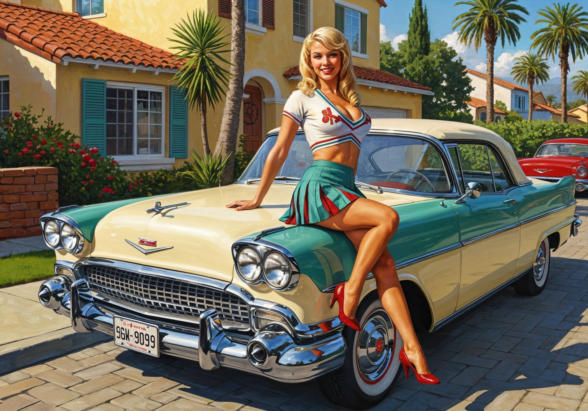 Cheerleader Outfit on Vintage Car in Suburban Setting