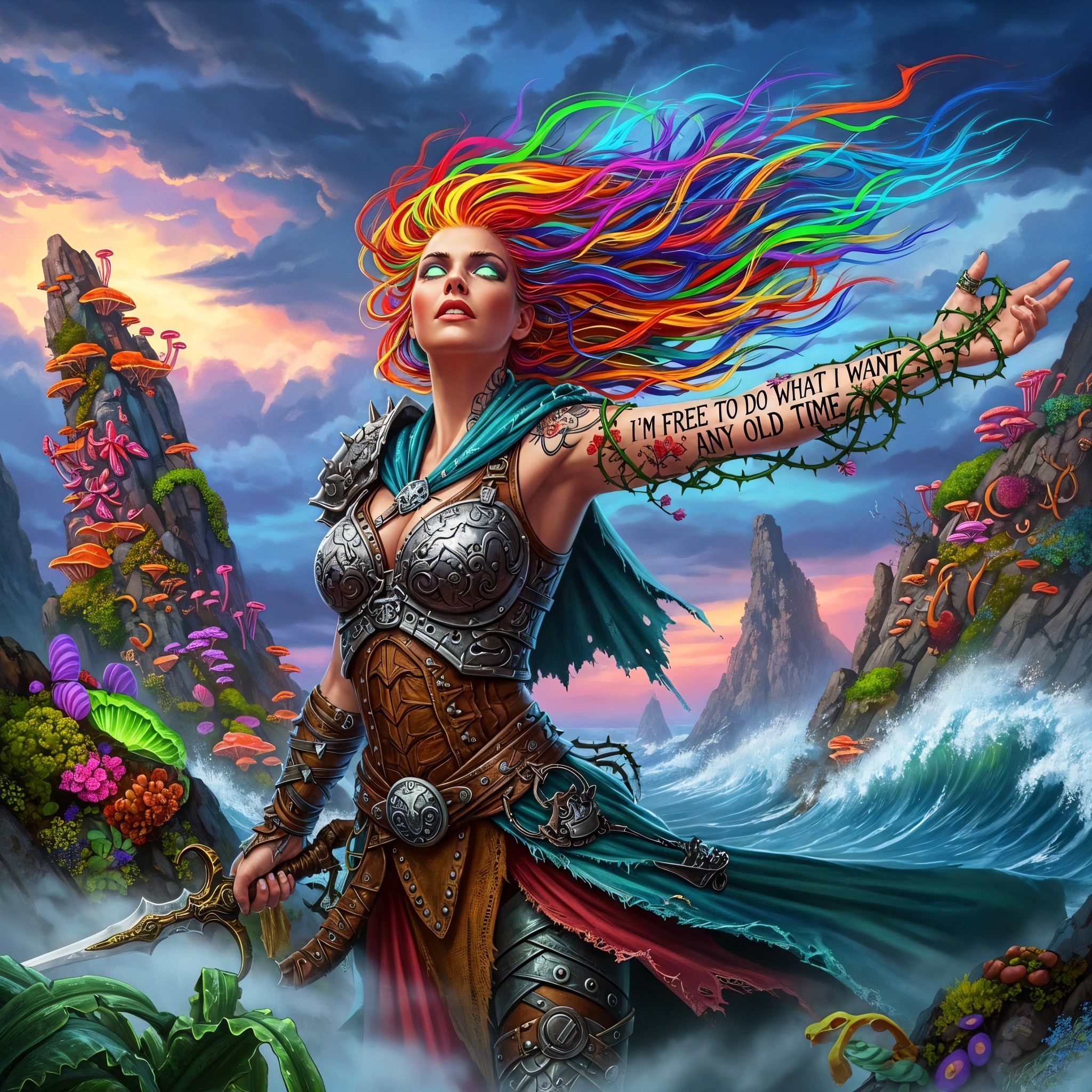 Fantasy Artwork of Woman in Armored Dress Overlooking Ocean