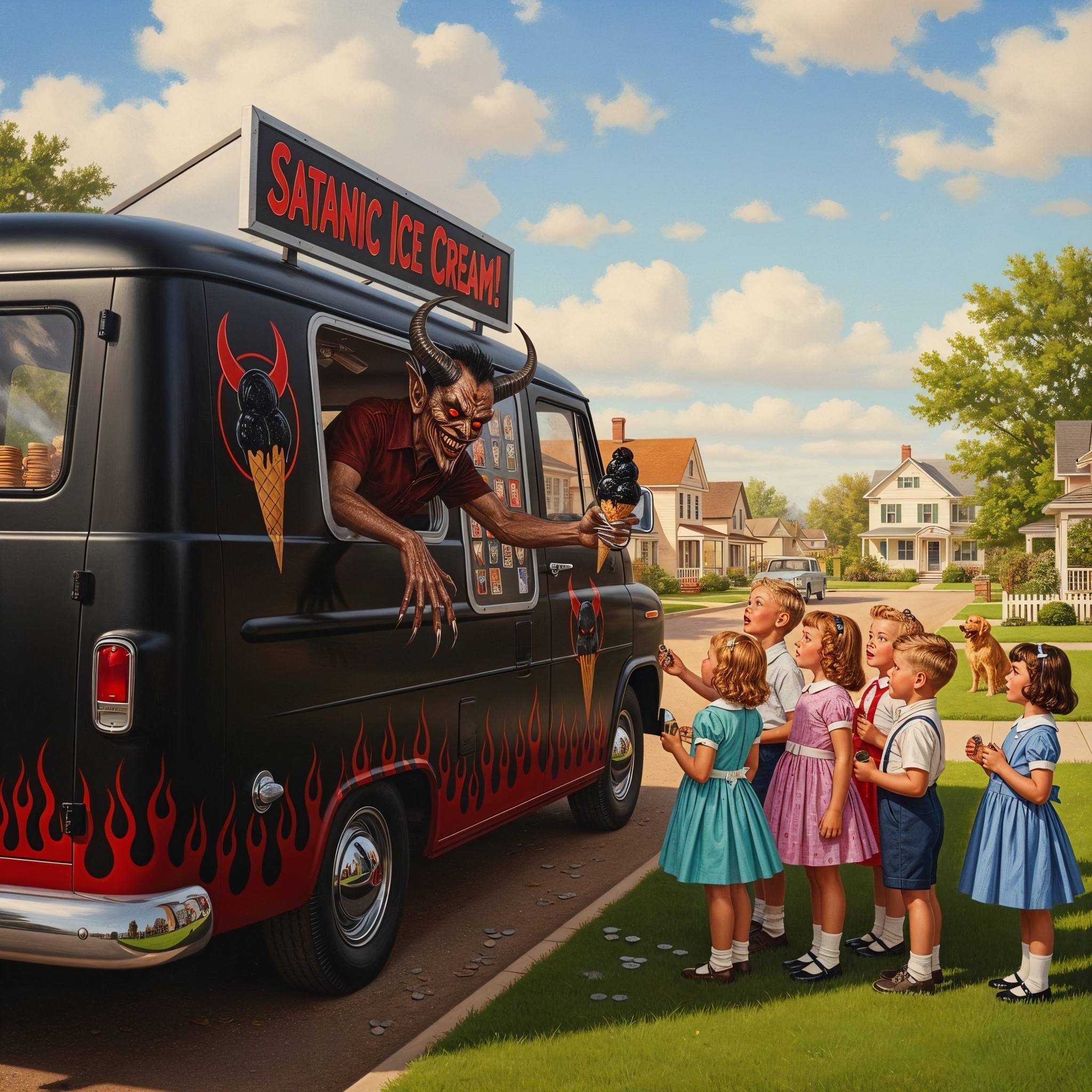 Sinister Ice Cream Truck with Devil Figurines and Kids