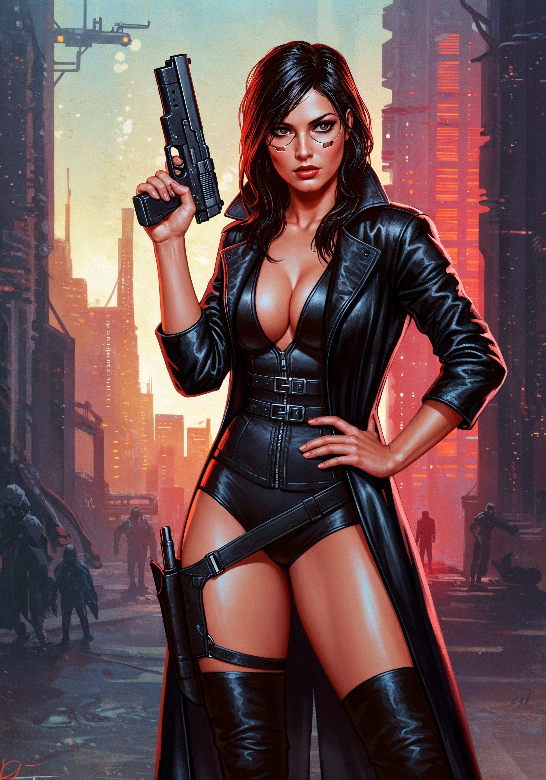 Confident Woman in Futuristic Cityscape with Handgun