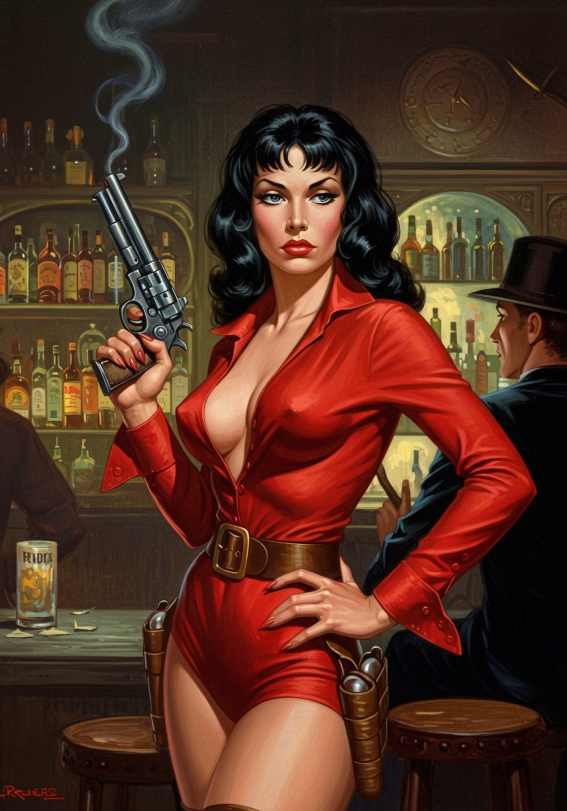 Glamorous Woman with Revolver in Dimly Lit Bar