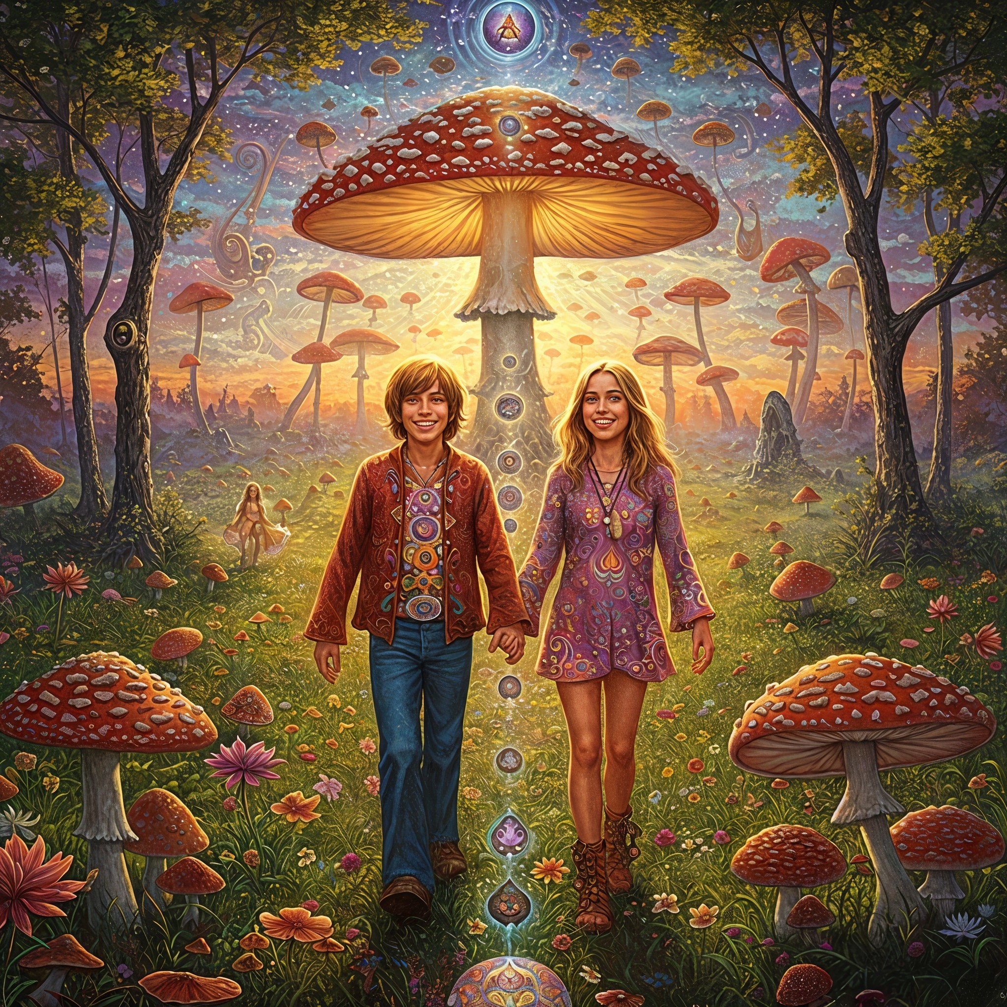 Children in a vibrant landscape with oversized mushrooms